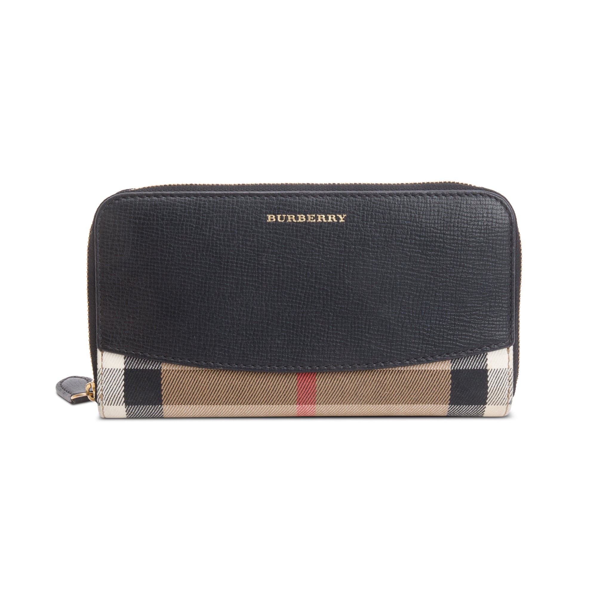 Burberry Check Canvas Black Leather Trim Derby Continental Zip Wallet
