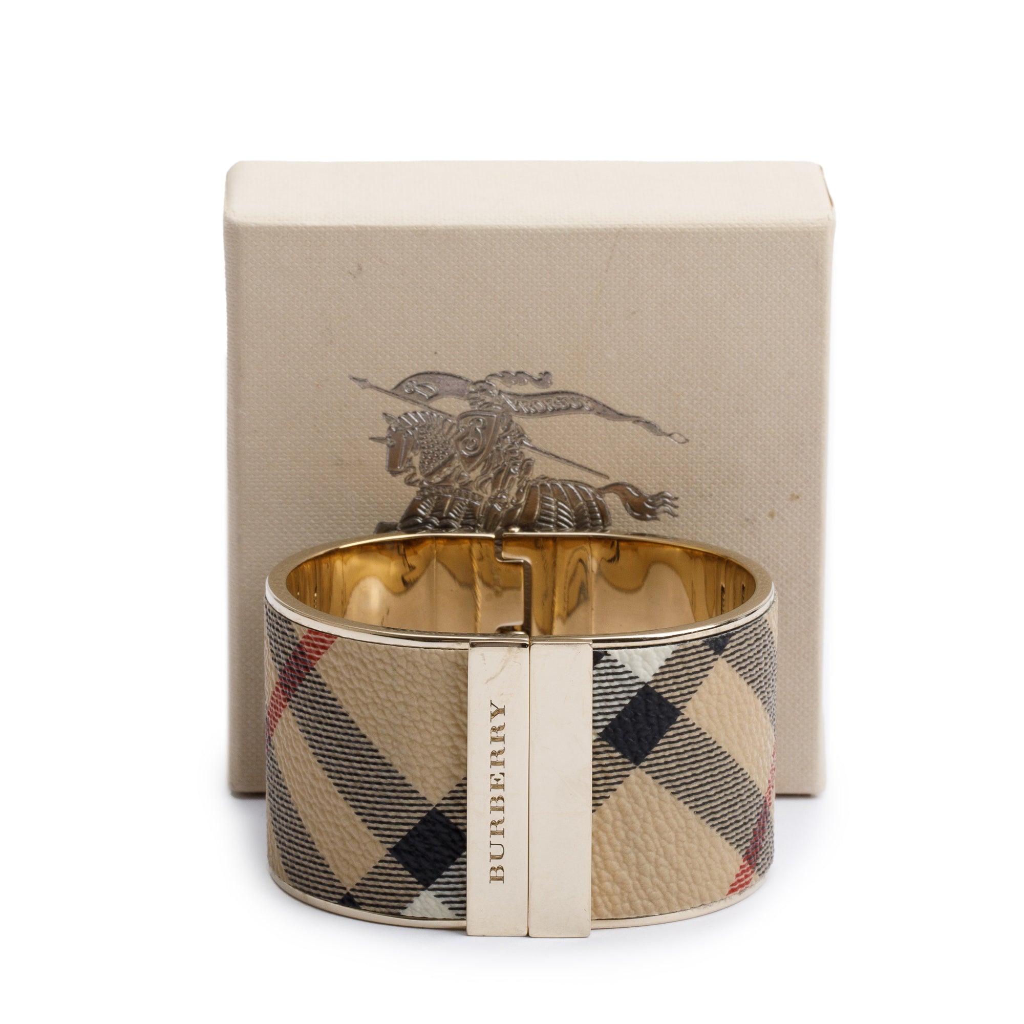Burberry Gold-Tone Metal Nova Check Leather Hinged Wide Bangle Bracelet w/ Box