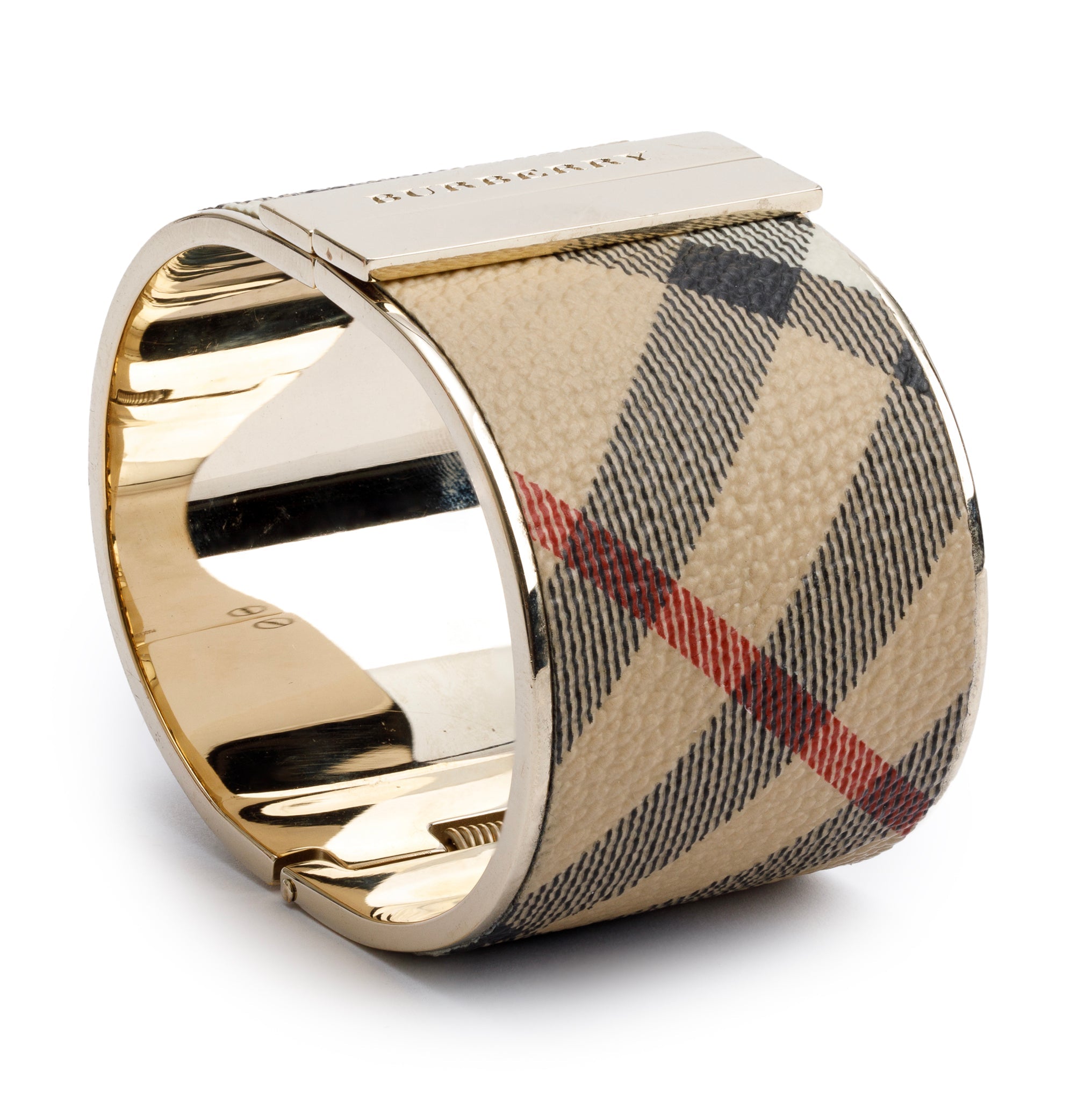 Burberry Gold-Tone Metal Nova Check Leather Hinged Wide Bangle Bracelet w/ Box