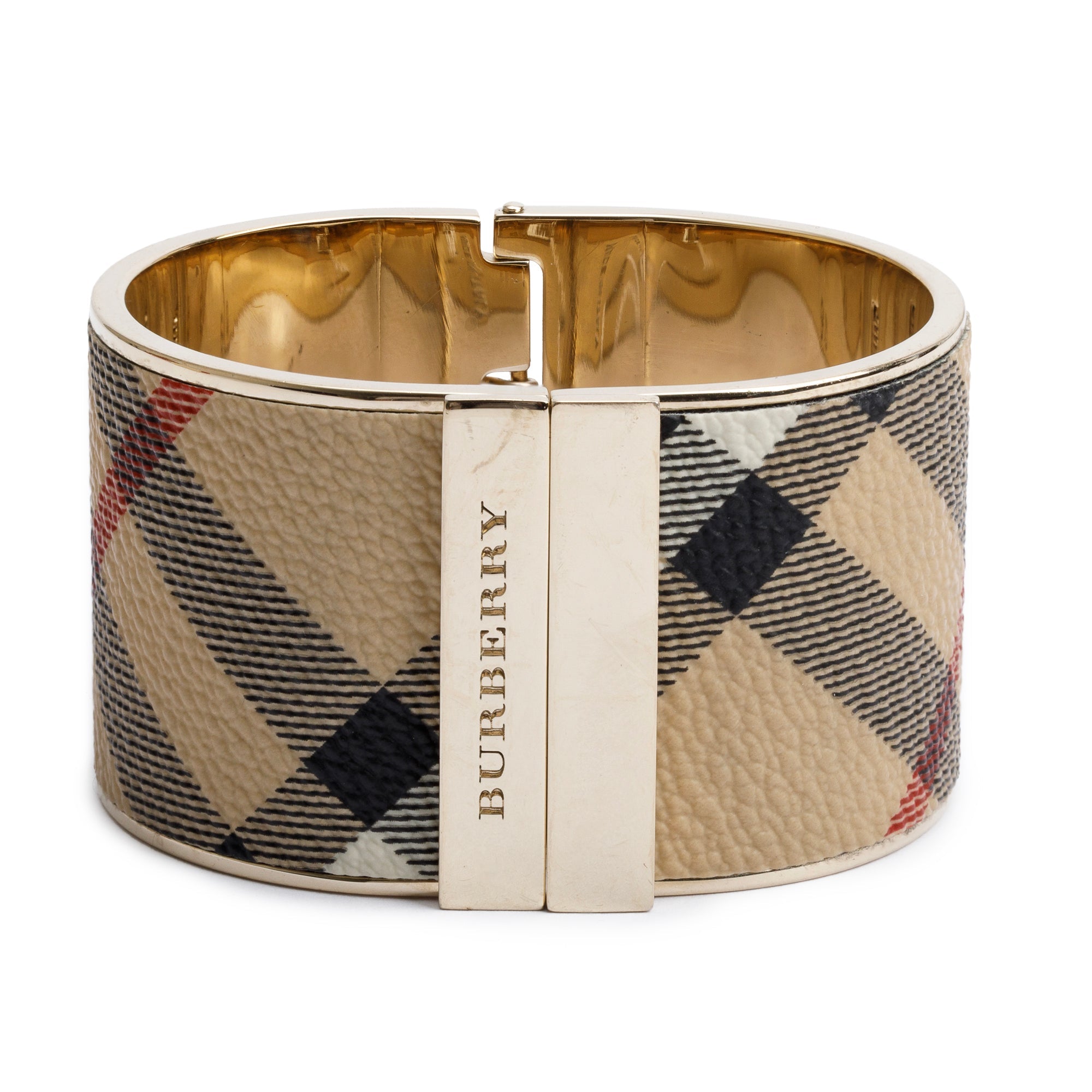Burberry Gold-Tone Metal Nova Check Leather Hinged Wide Bangle Bracelet w/ Box