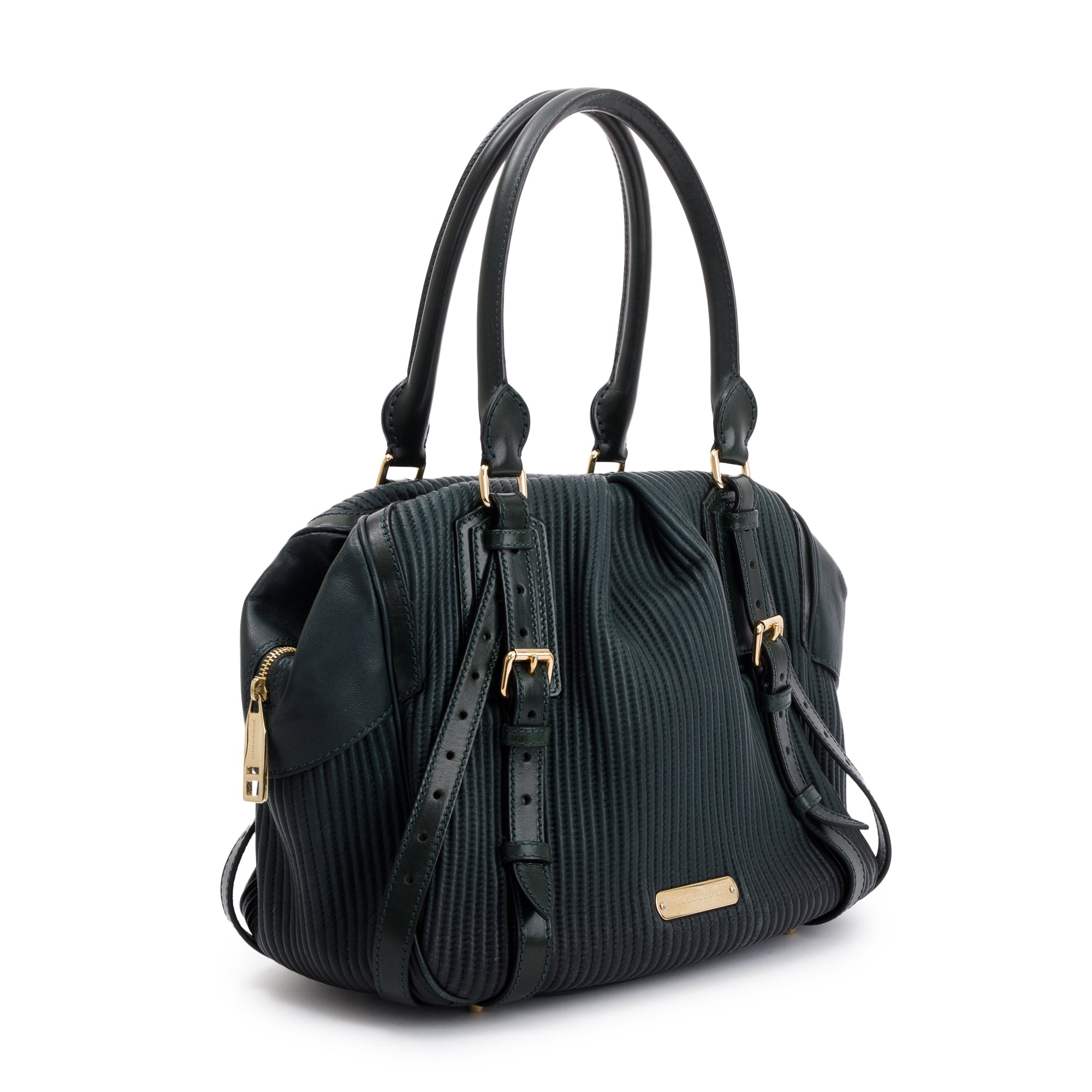Burberry Green Pleated Stitched Leather Rosaville Bowling Bag