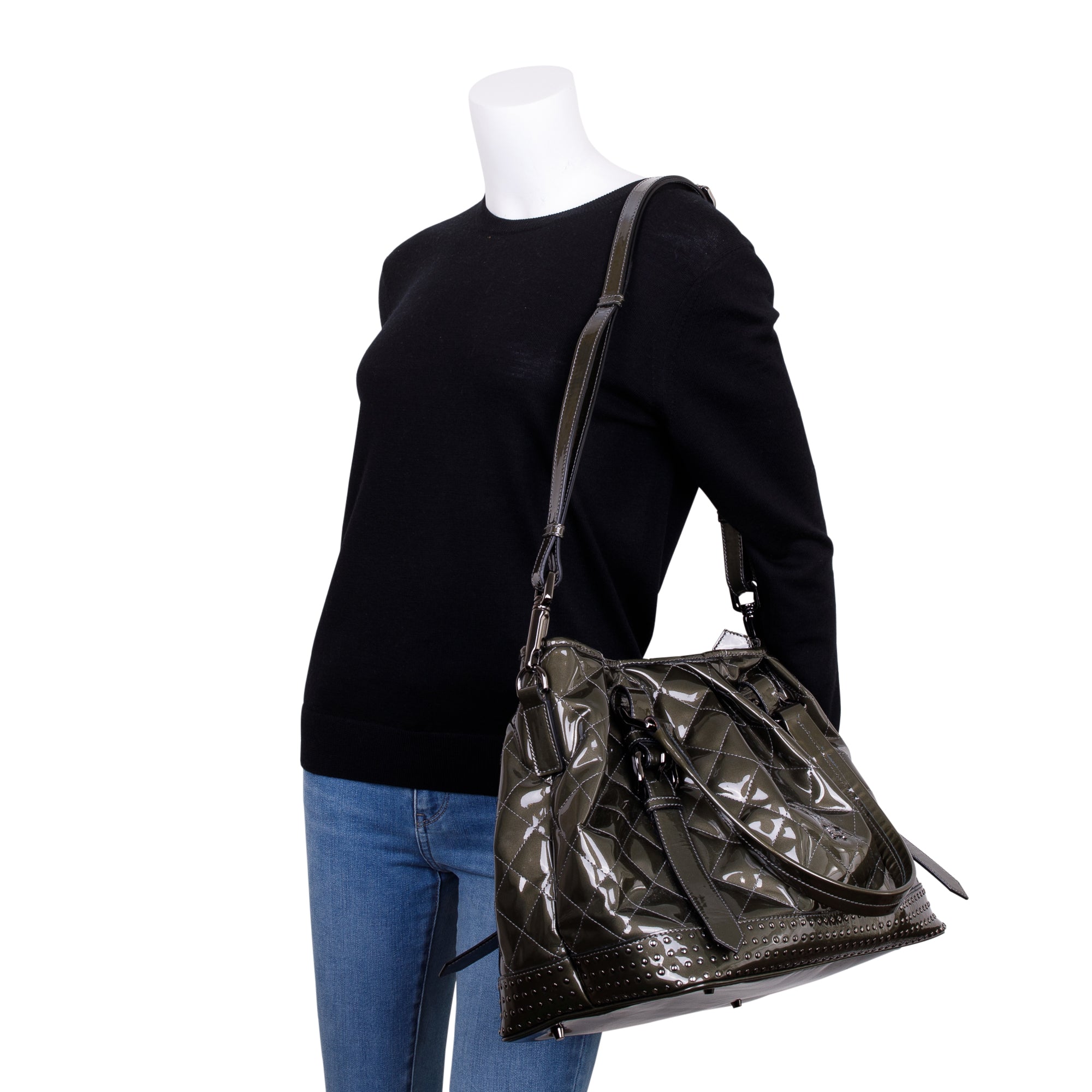 Burberry Green Quilted Patent Leather Studded Lowry Bag w/ Strap