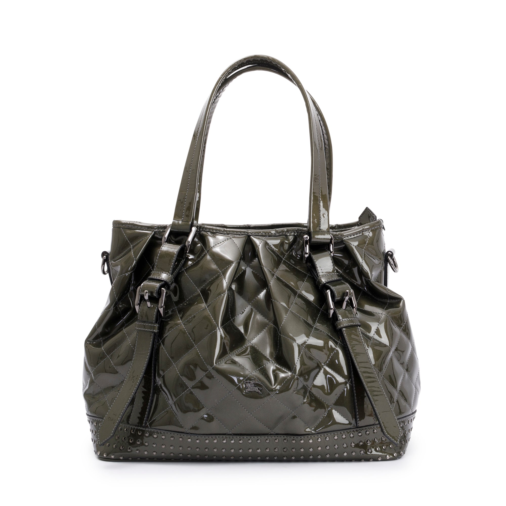 Burberry Green Quilted Patent Leather Studded Lowry Bag w/ Strap