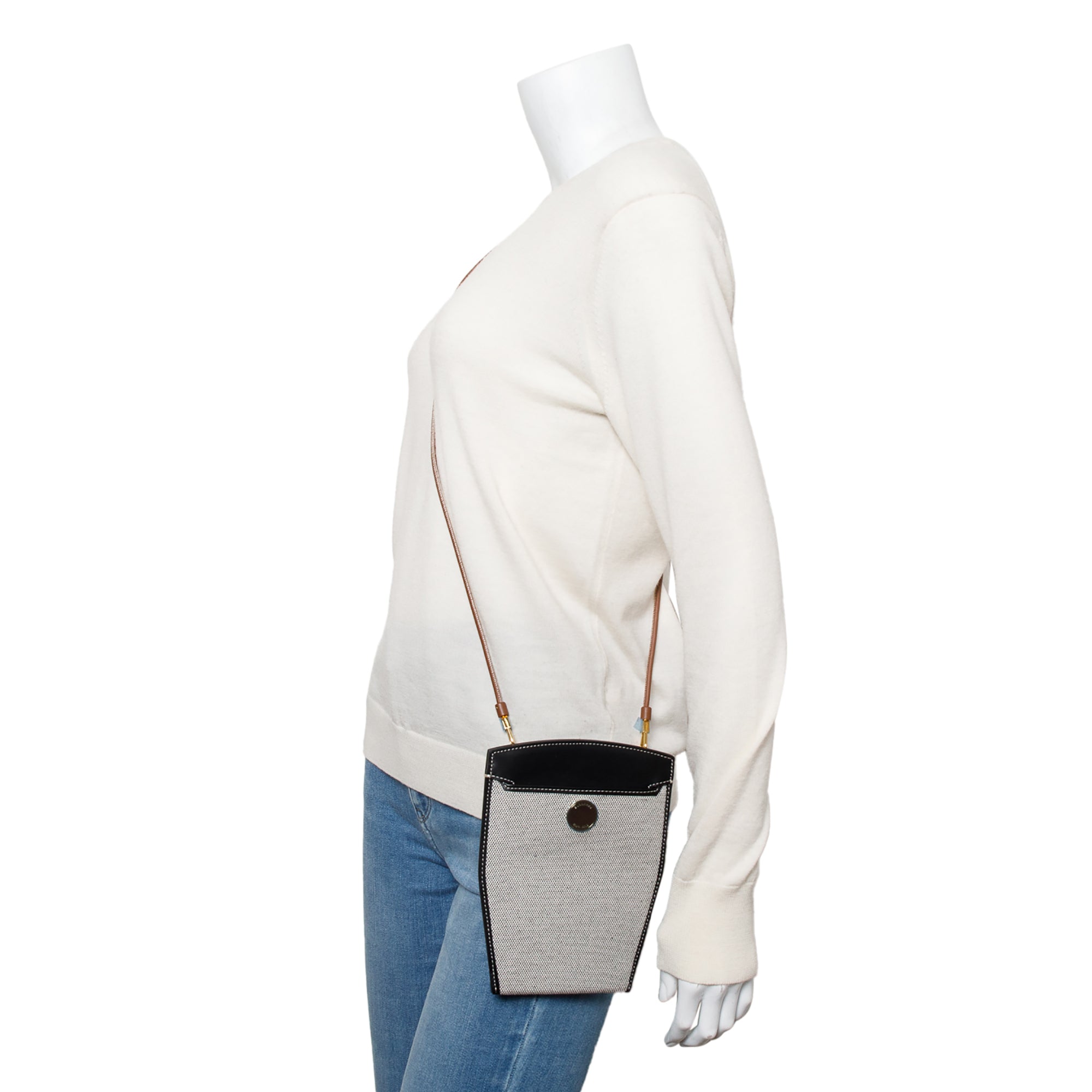 Burberry Grey Canvas Black Leather Mini Society Phone Holder Crossbody