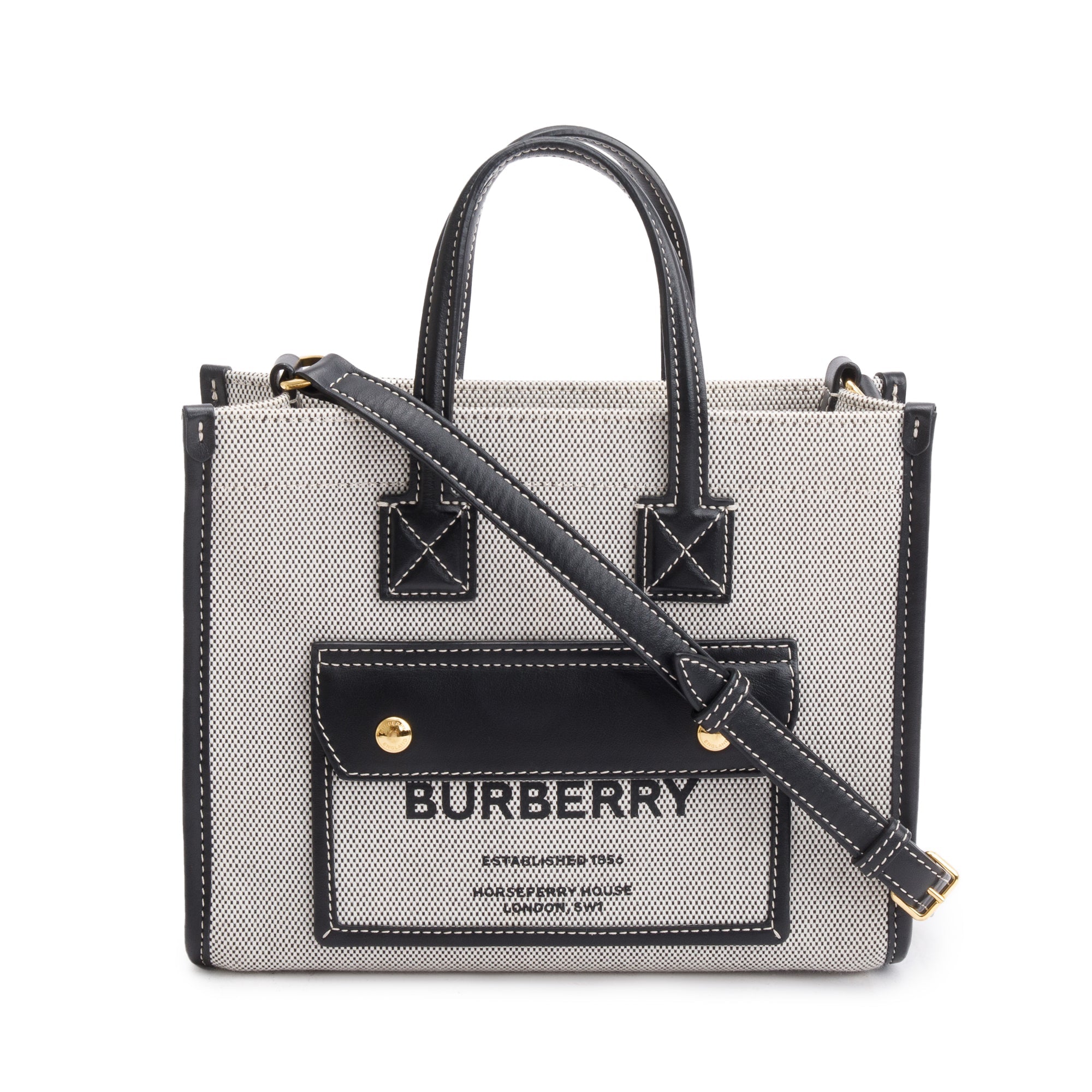 Burberry Greyl Canvas and Black Leather Trim Mini Freya Tote Bag w/ Strap