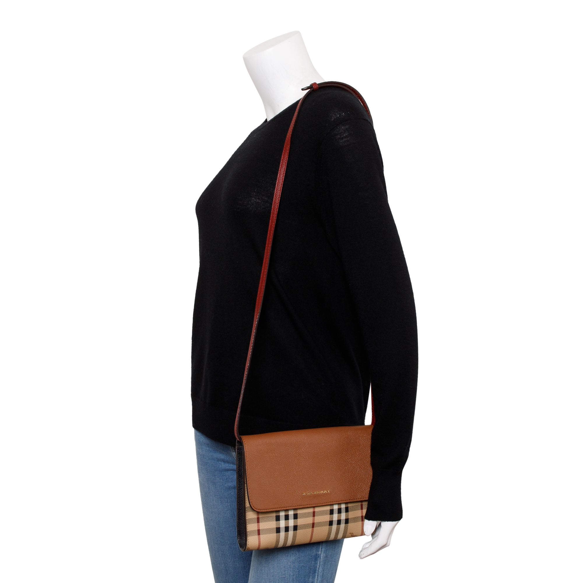 Burberry Haymarket Check Brown Leather Trimmed Small Loxley Crossbody Bag