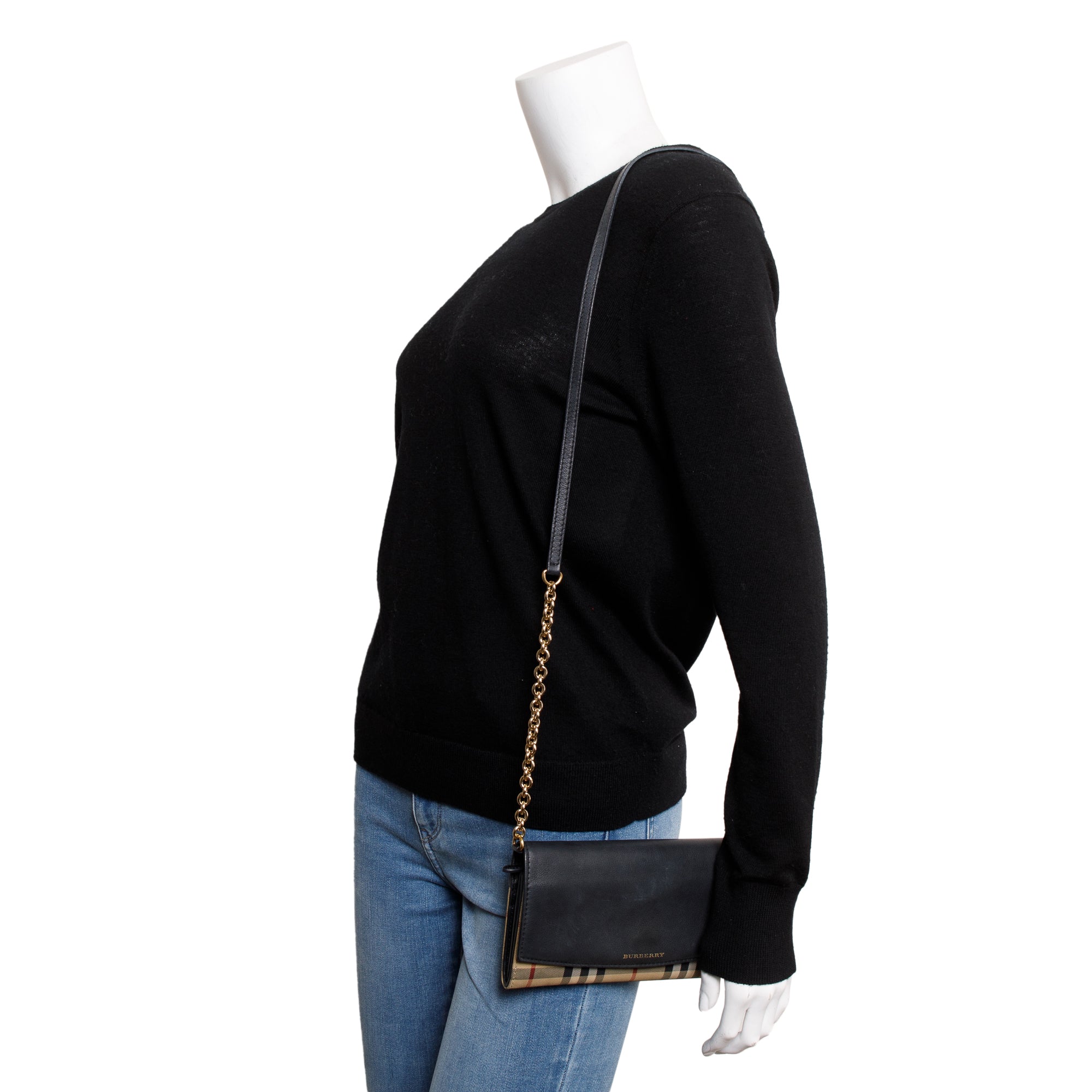 Burberry House Check Black Calfskin Leather Henley Wallet on Chain