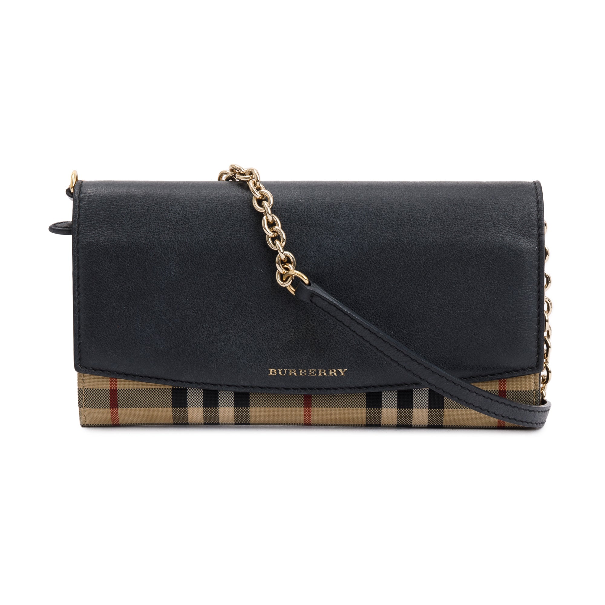 Burberry House Check Black Calfskin Leather Henley Wallet on Chain