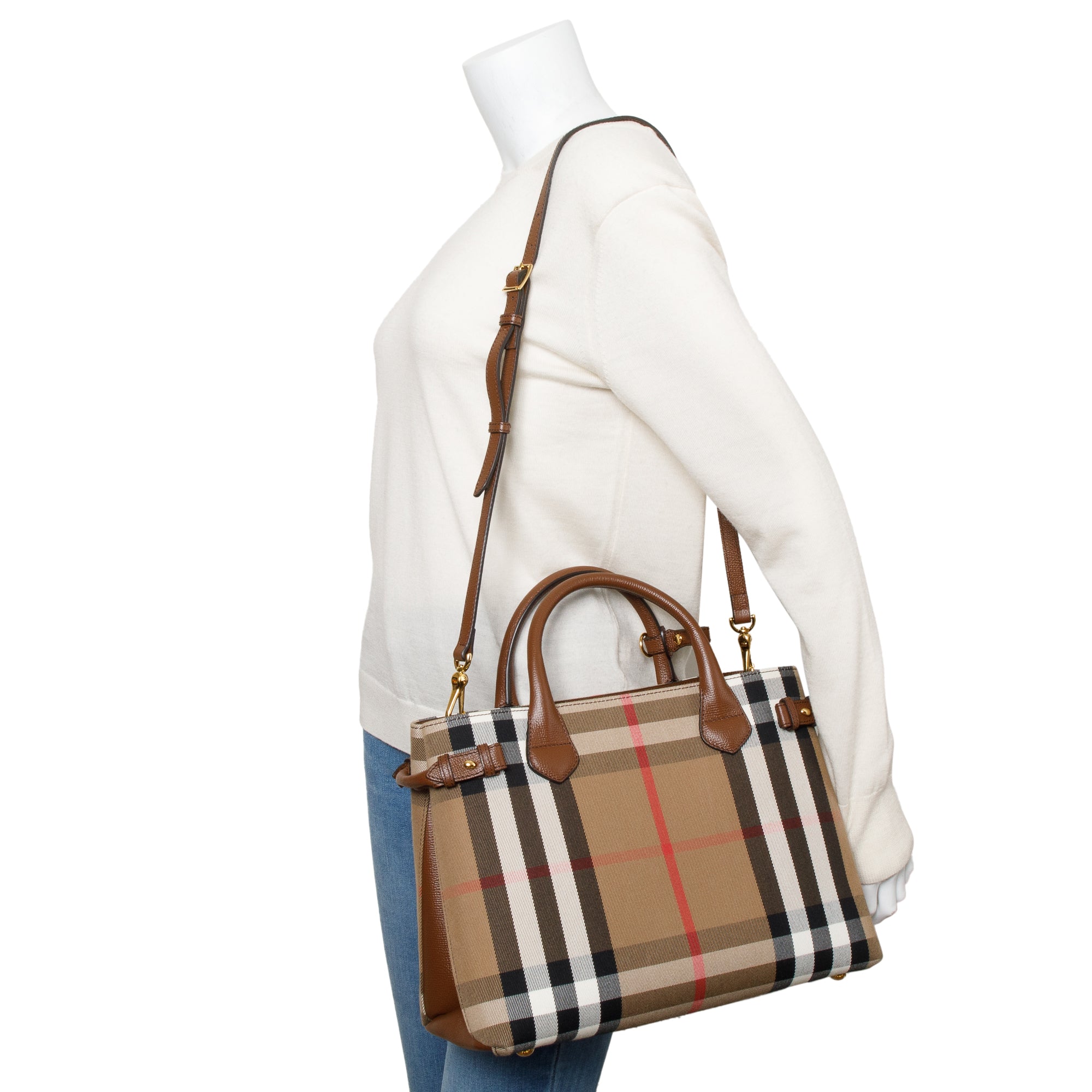 Burberry House Check Brown Leather Trim Medium Banner Tote w/ Strap