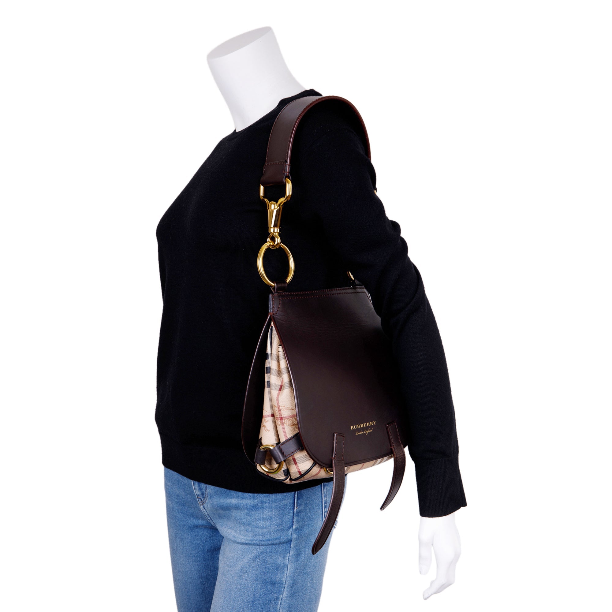 Burberry Large Leather & Haymarket Check Bridle Saddle Bag