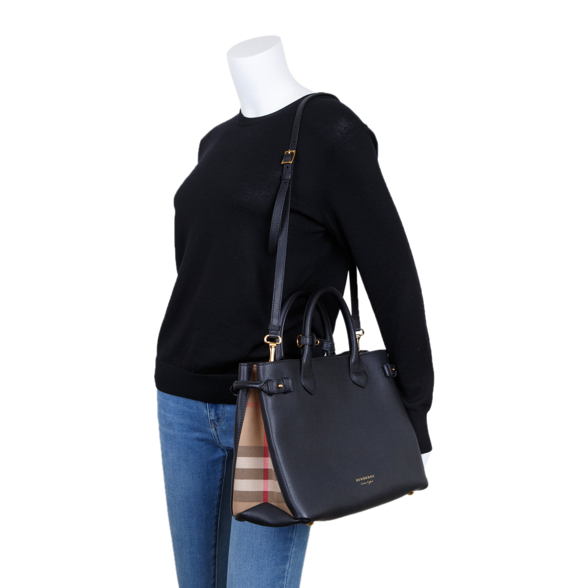 Burberry Leather & House Check Medium Banner Tote w/ Strap