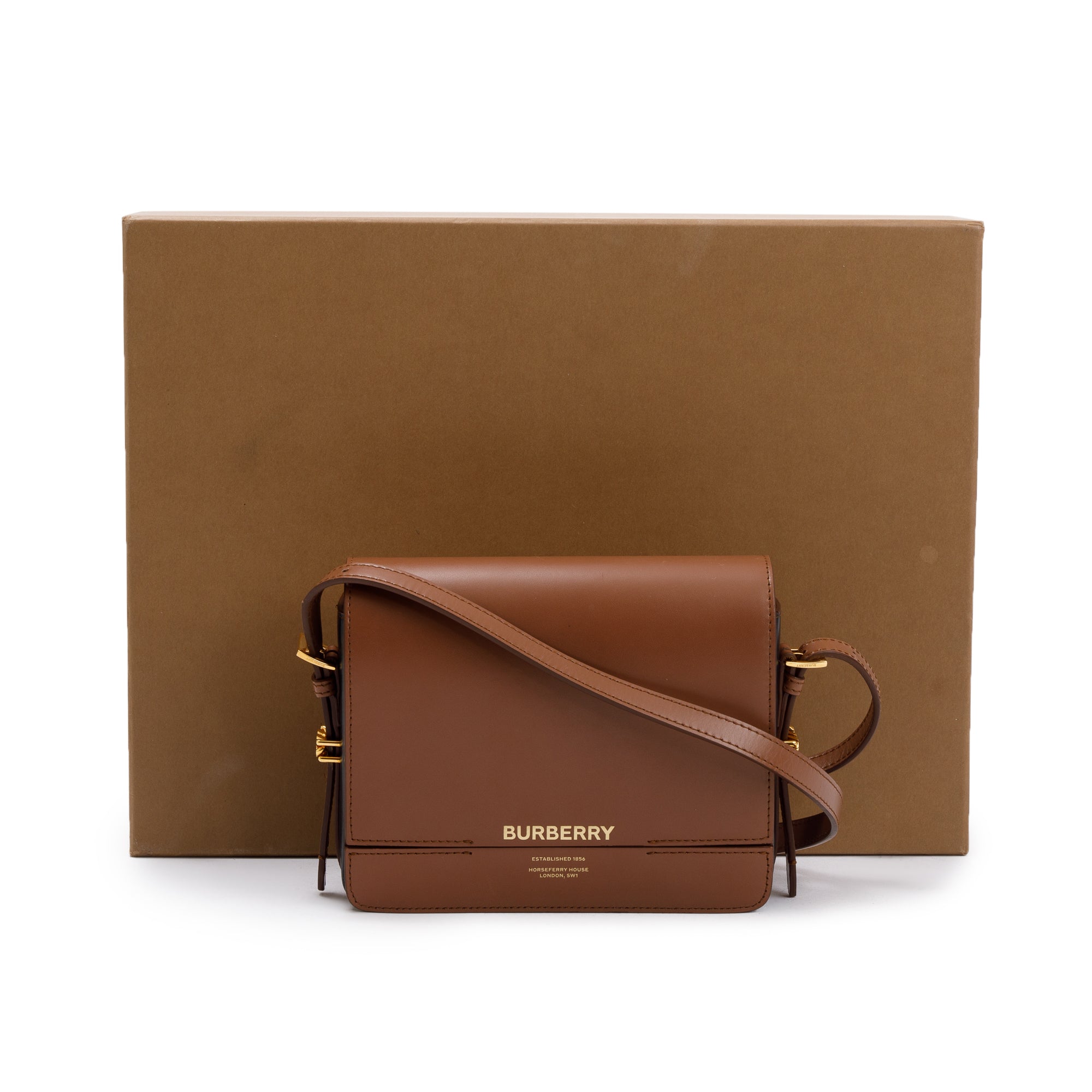 Burberry Malt Brown & Black Calfskin Leather Small Grace Bag w/ Box & Receipt