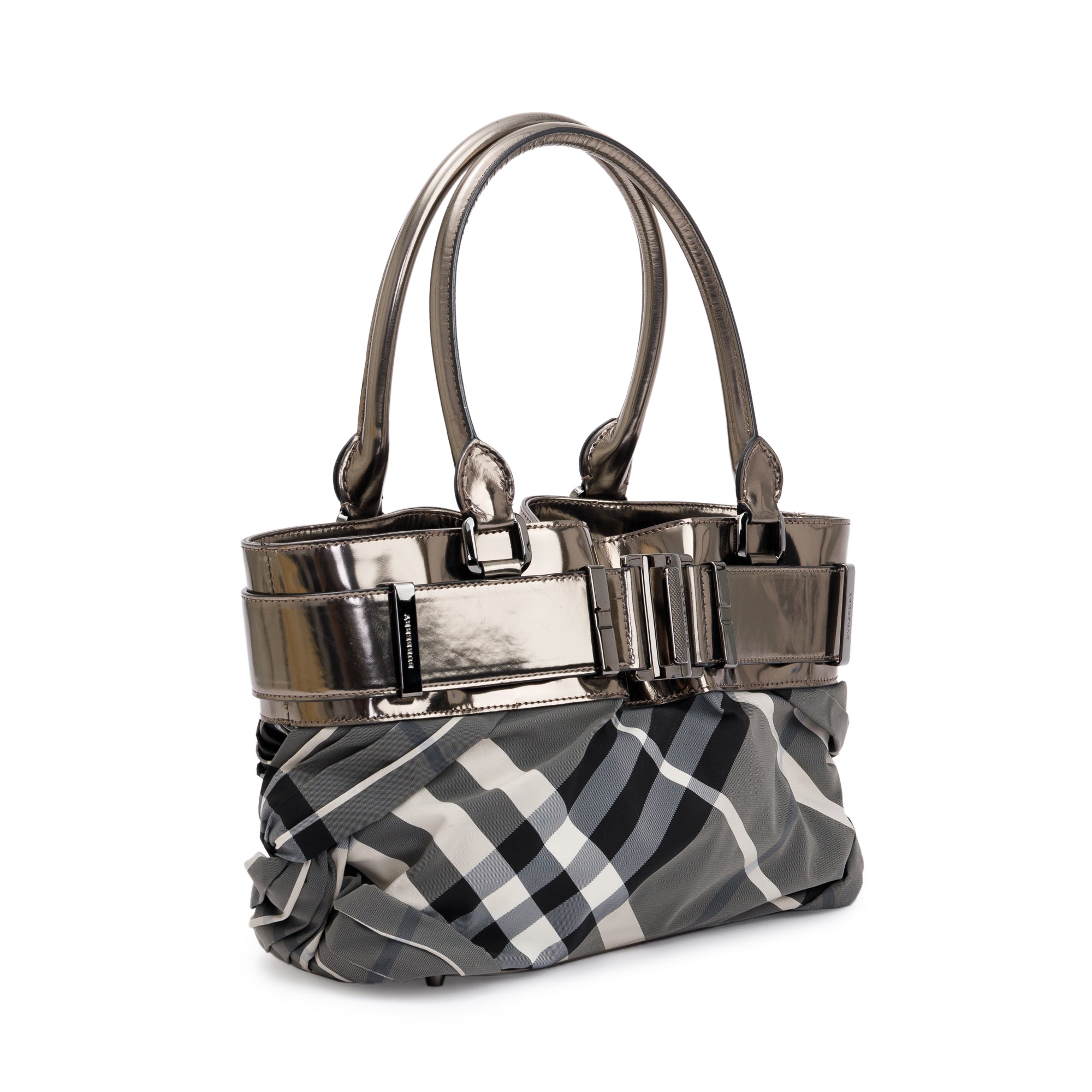 Burberry Metallic Grey Patent Leather Trim Beat Check Nylon Easton Landscape Bag