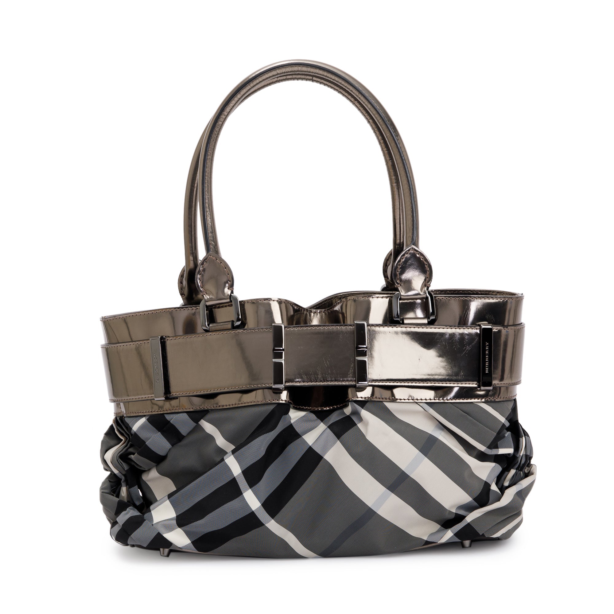 Burberry Metallic Grey Patent Leather Trim Beat Check Nylon Easton Landscape Bag