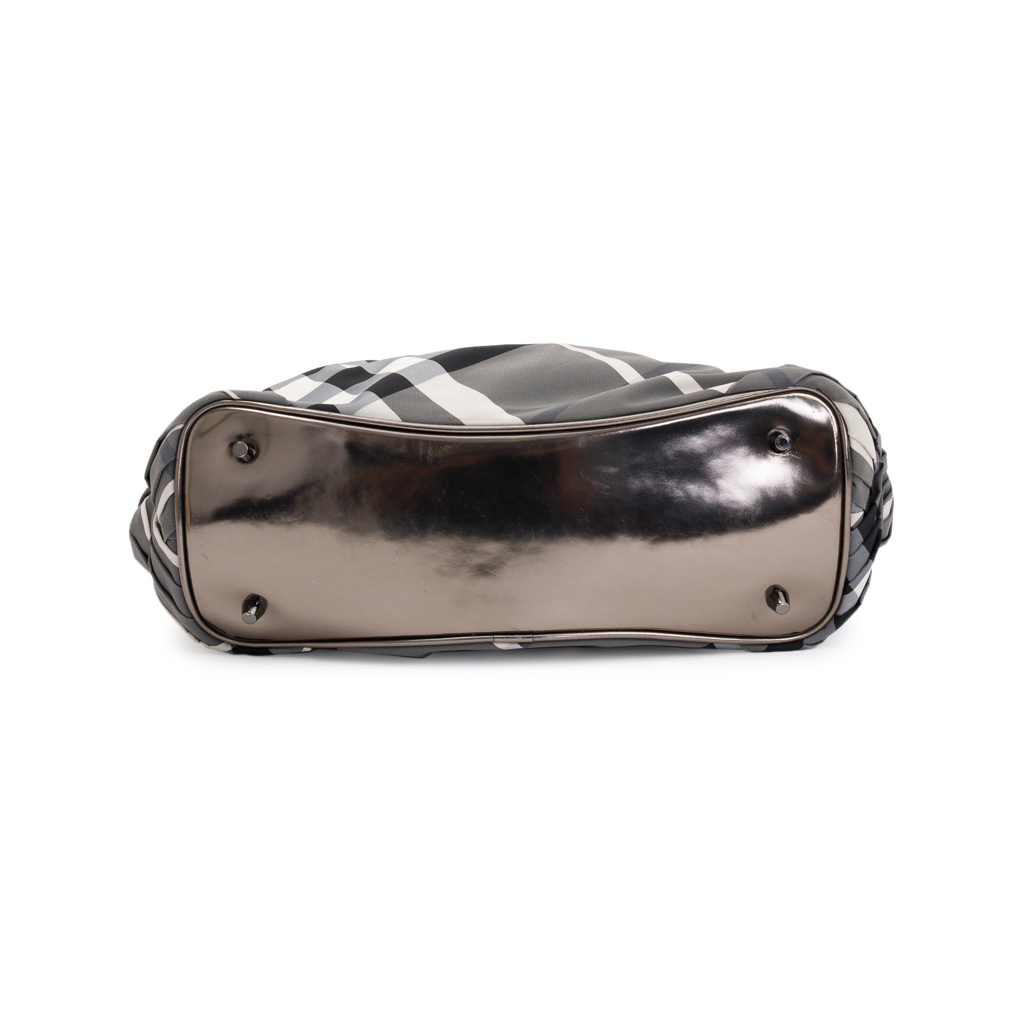 Burberry Metallic Grey Patent Leather Trim Beat Check Nylon Easton Landscape Bag