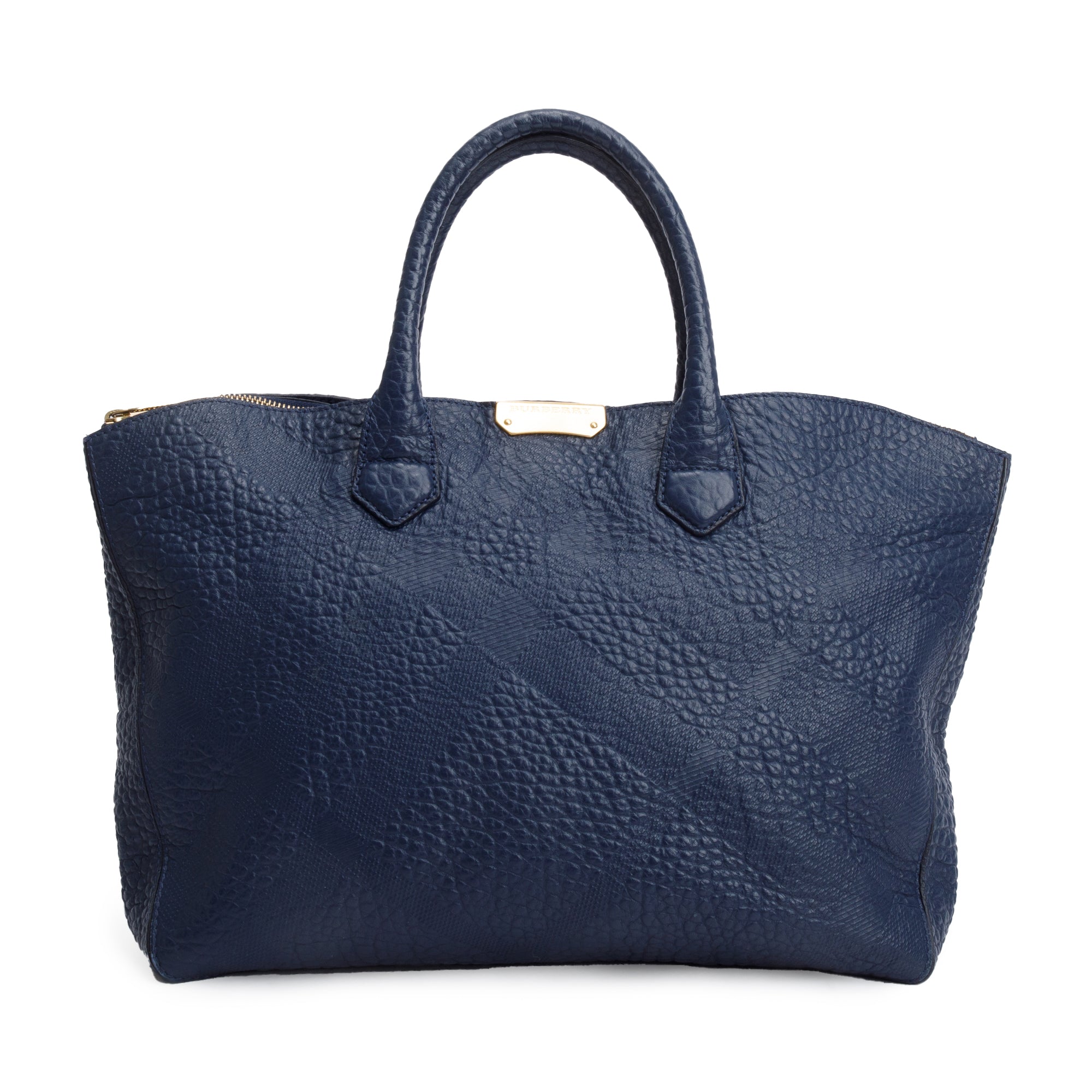 Burberry Navy Check Embossed Heritage Grain Leather Dewsbury Tote w/ Strap