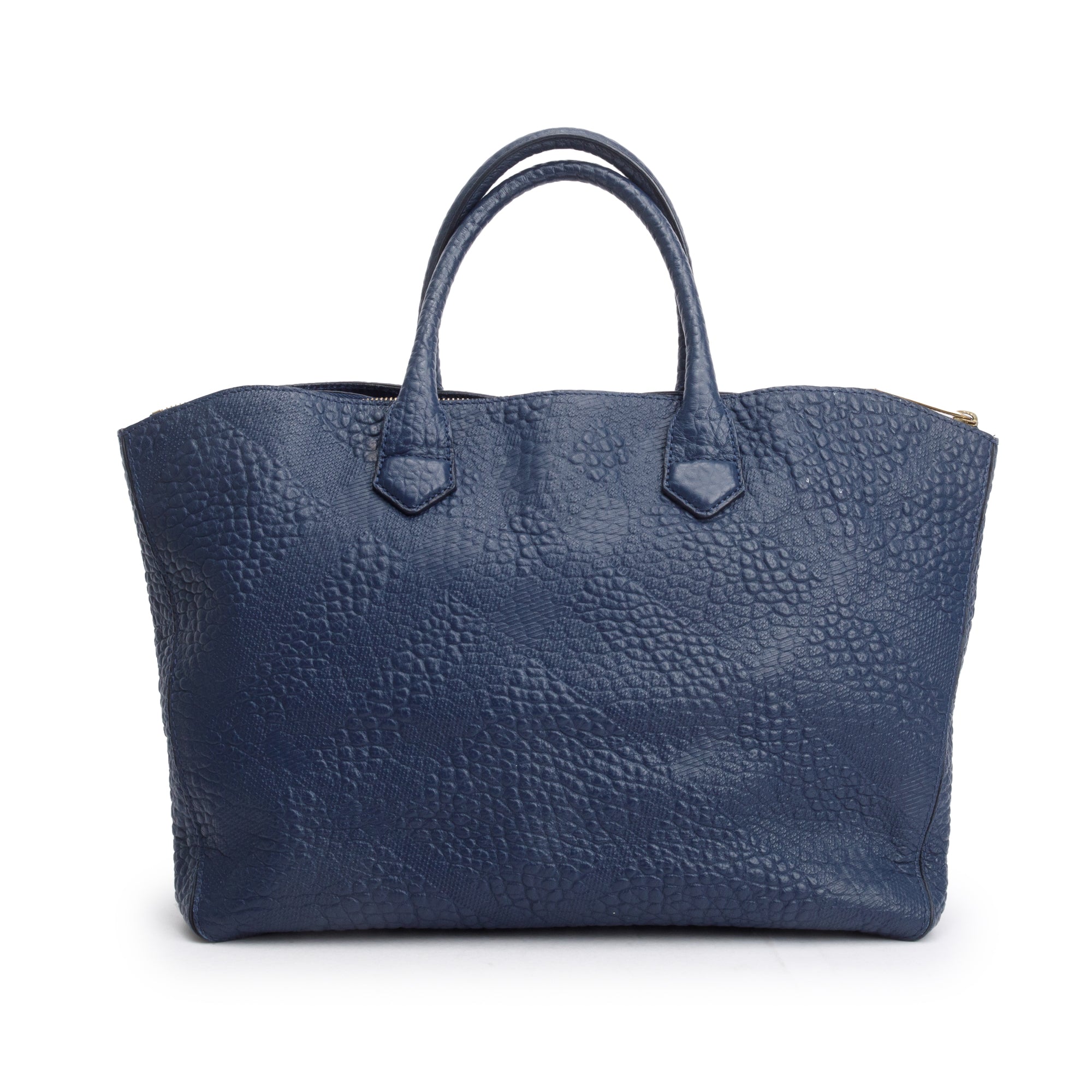 Burberry Navy Check Embossed Heritage Grain Leather Dewsbury Tote w/ Strap