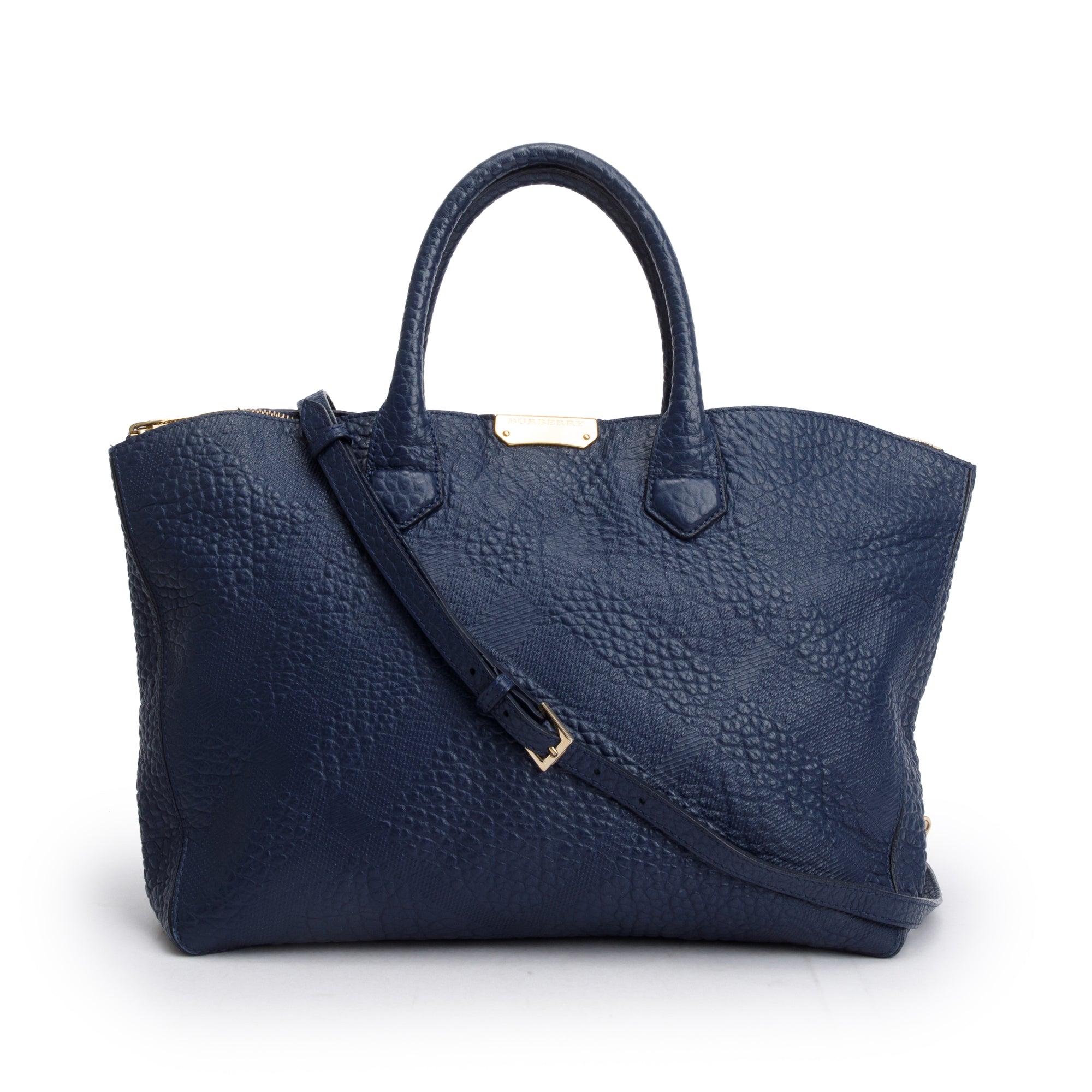 Burberry Navy Check Embossed Heritage Grain Leather Dewsbury Tote w/ Strap