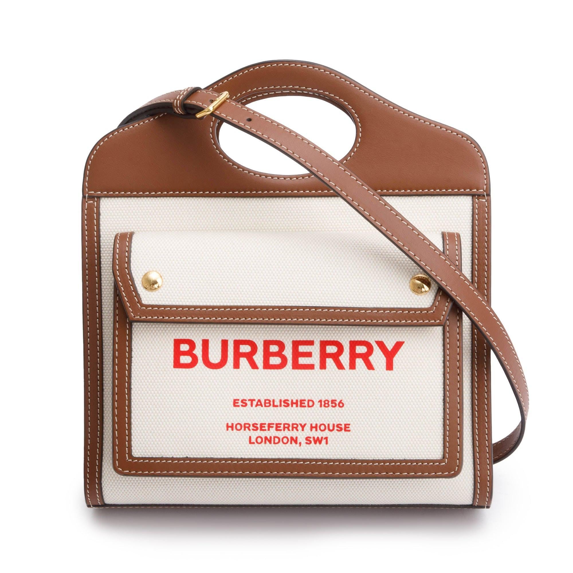 Burberry Neutral Canvas and Brown Leather Mini Pocket Bag w/ Strap & Box