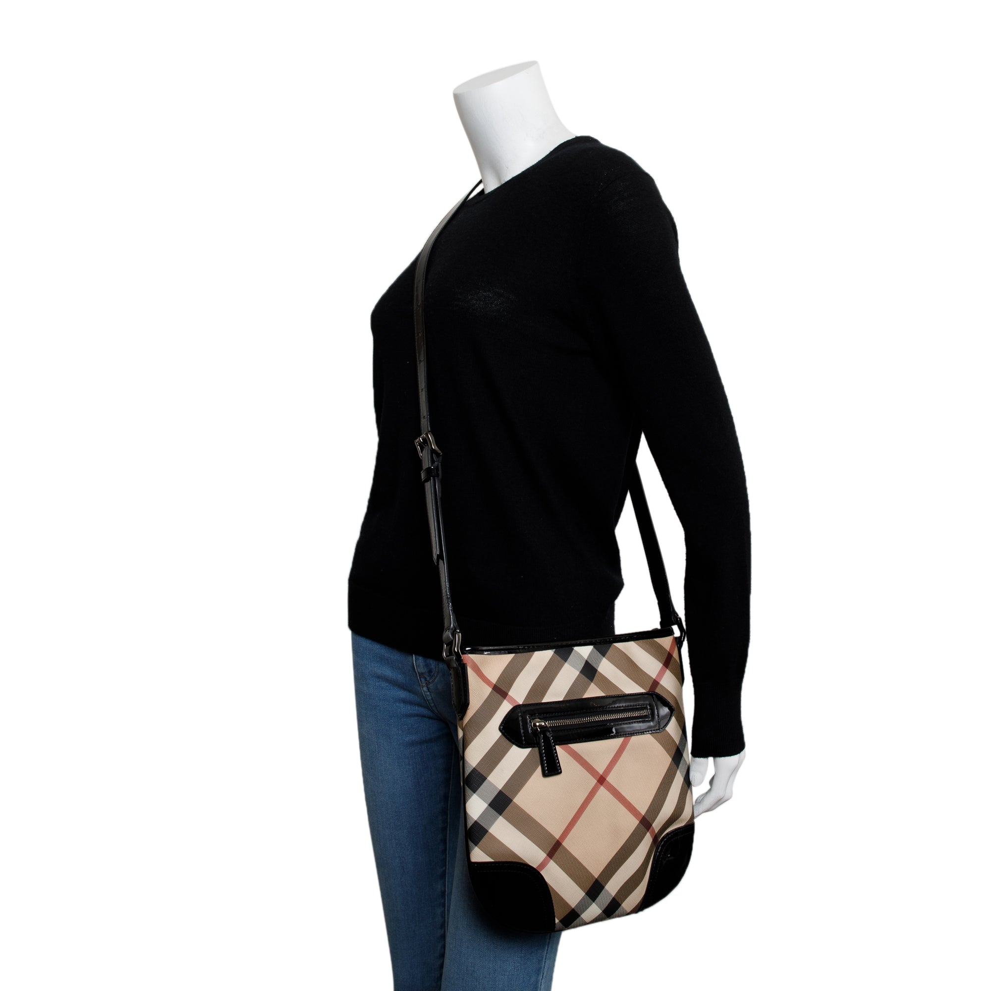 Burberry Nova Check Black Patent Leather Trimmed Dryden Crossbody Bag