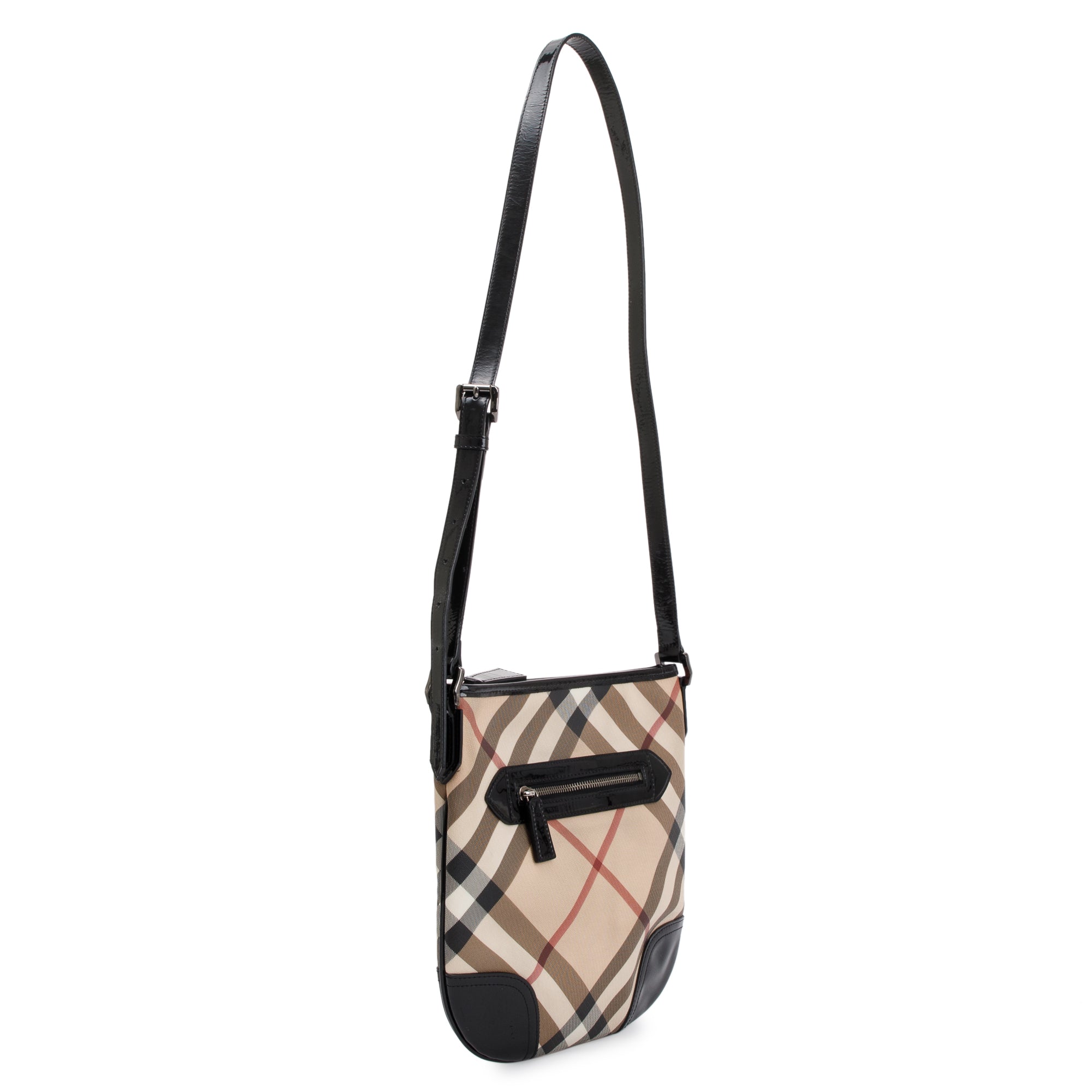 Burberry Nova Check Black Patent Leather Trimmed Dryden Crossbody Bag