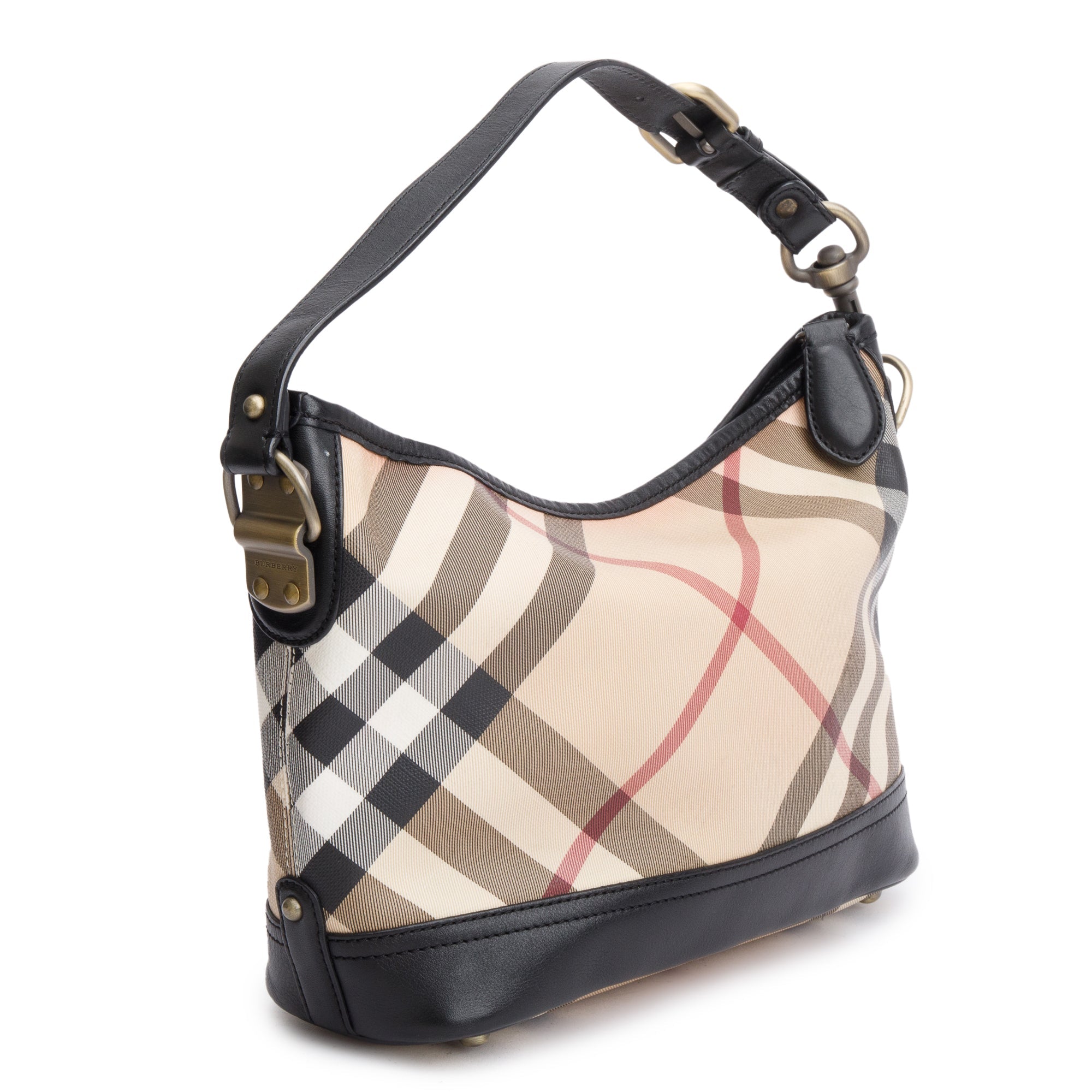 Burberry Nova Check Canvas Black Leather Trim Hobo Bag