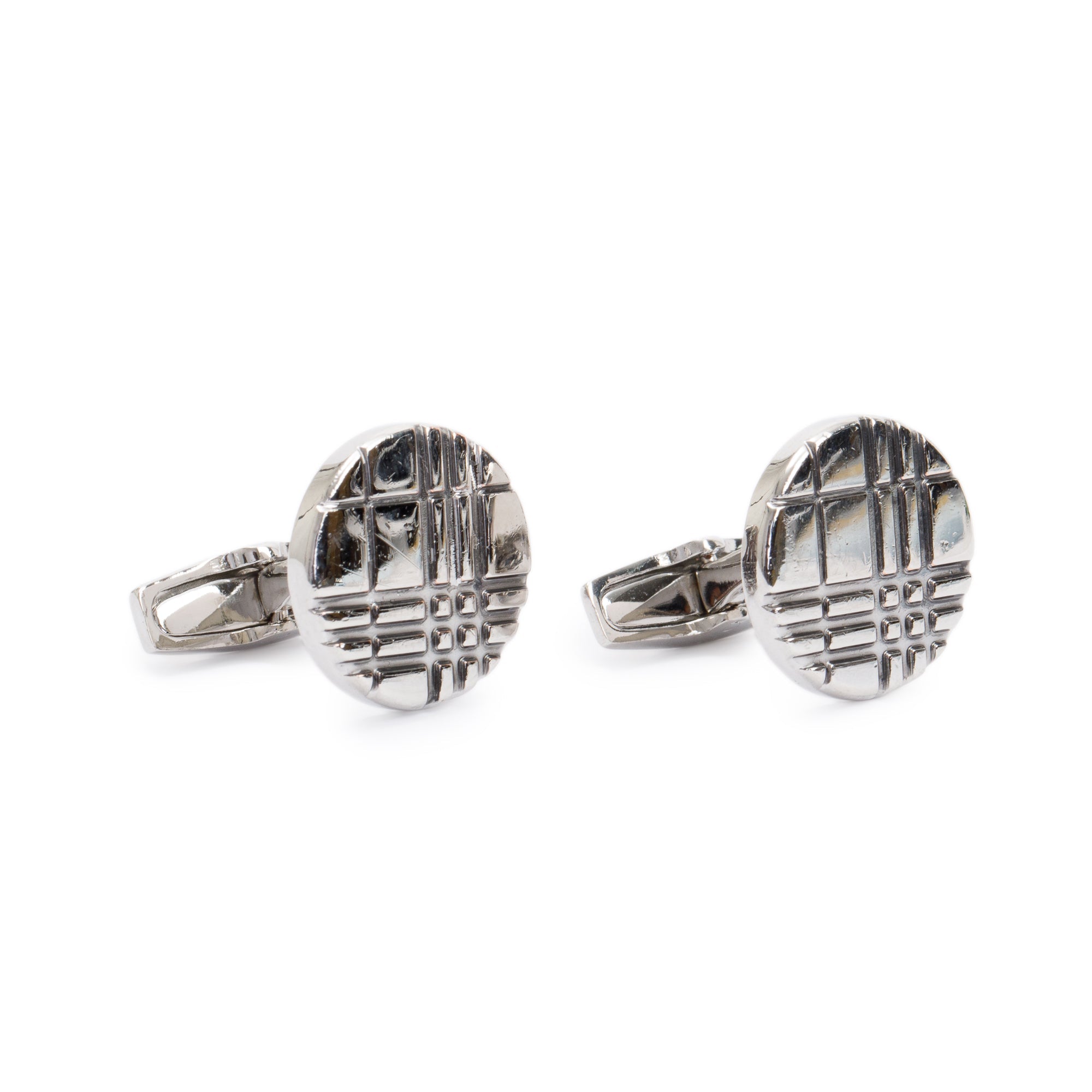 Burberry Palladium Plated Check-Engraved Round Cufflinks w/ Box