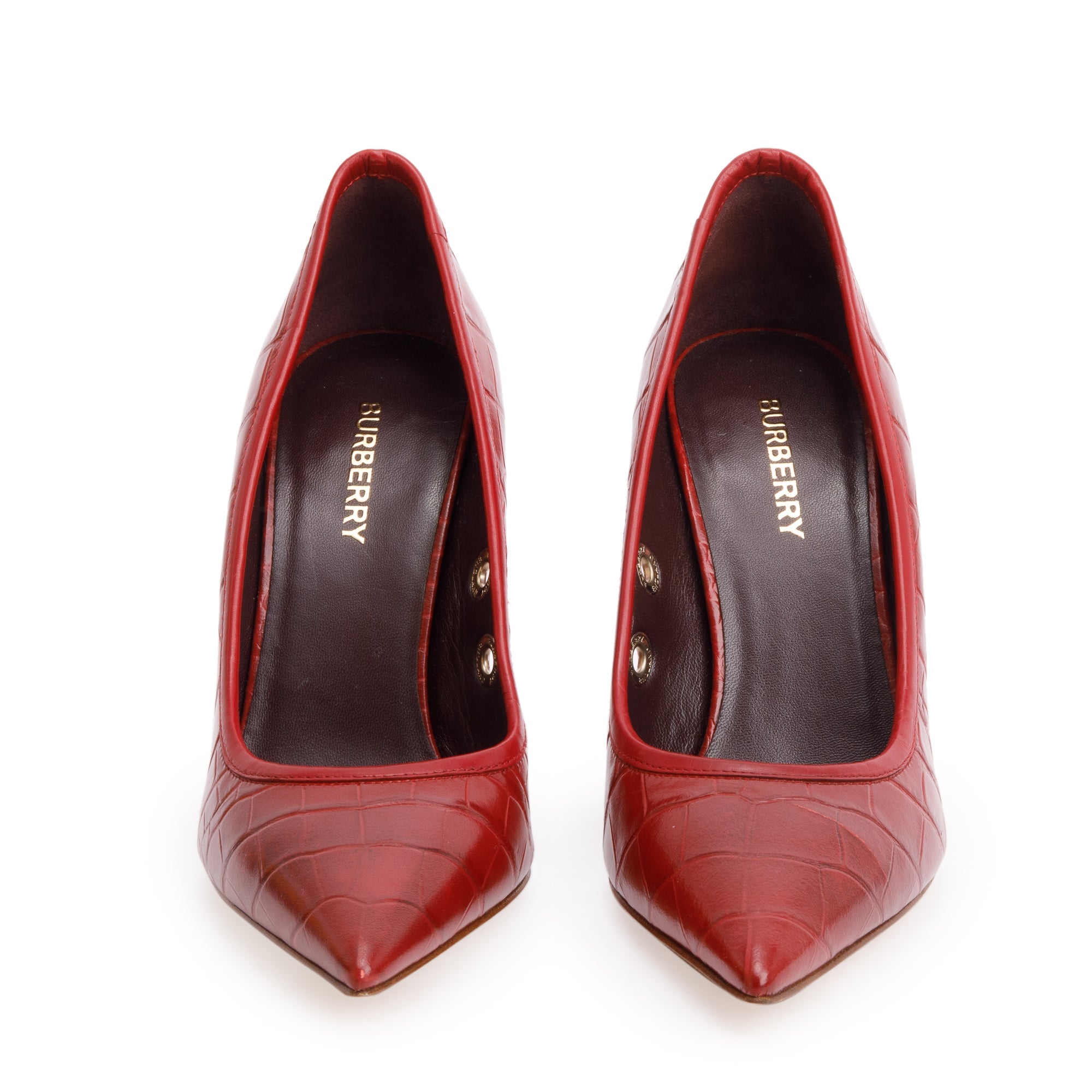 Burberry Red Croc Embossed Leather Aubri 100 Pumps, Size 37 w/ Box