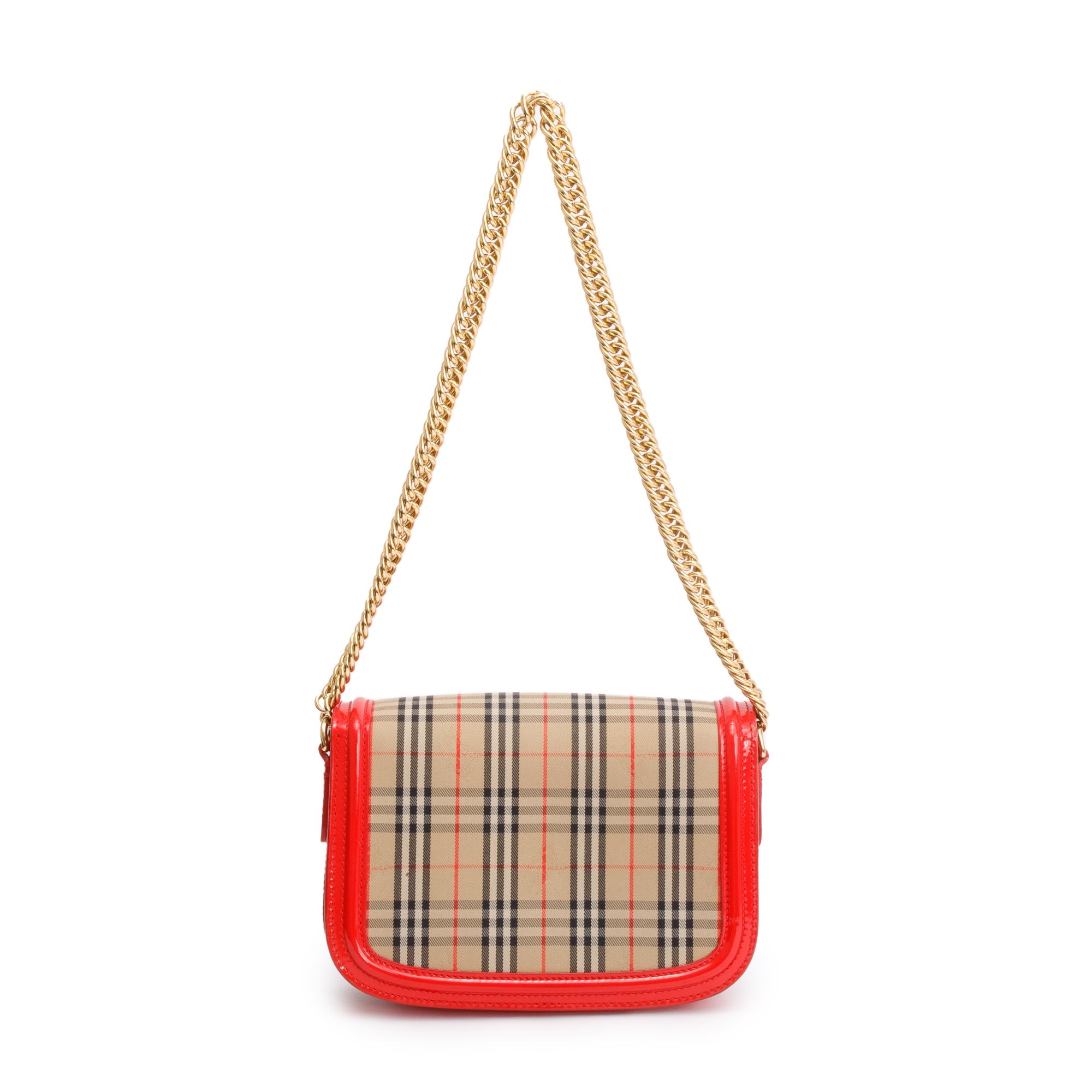Burberry Vintage 1983 Knight Check Canvas Red Patent Leather Trinm Link Flap Shoulder Bag