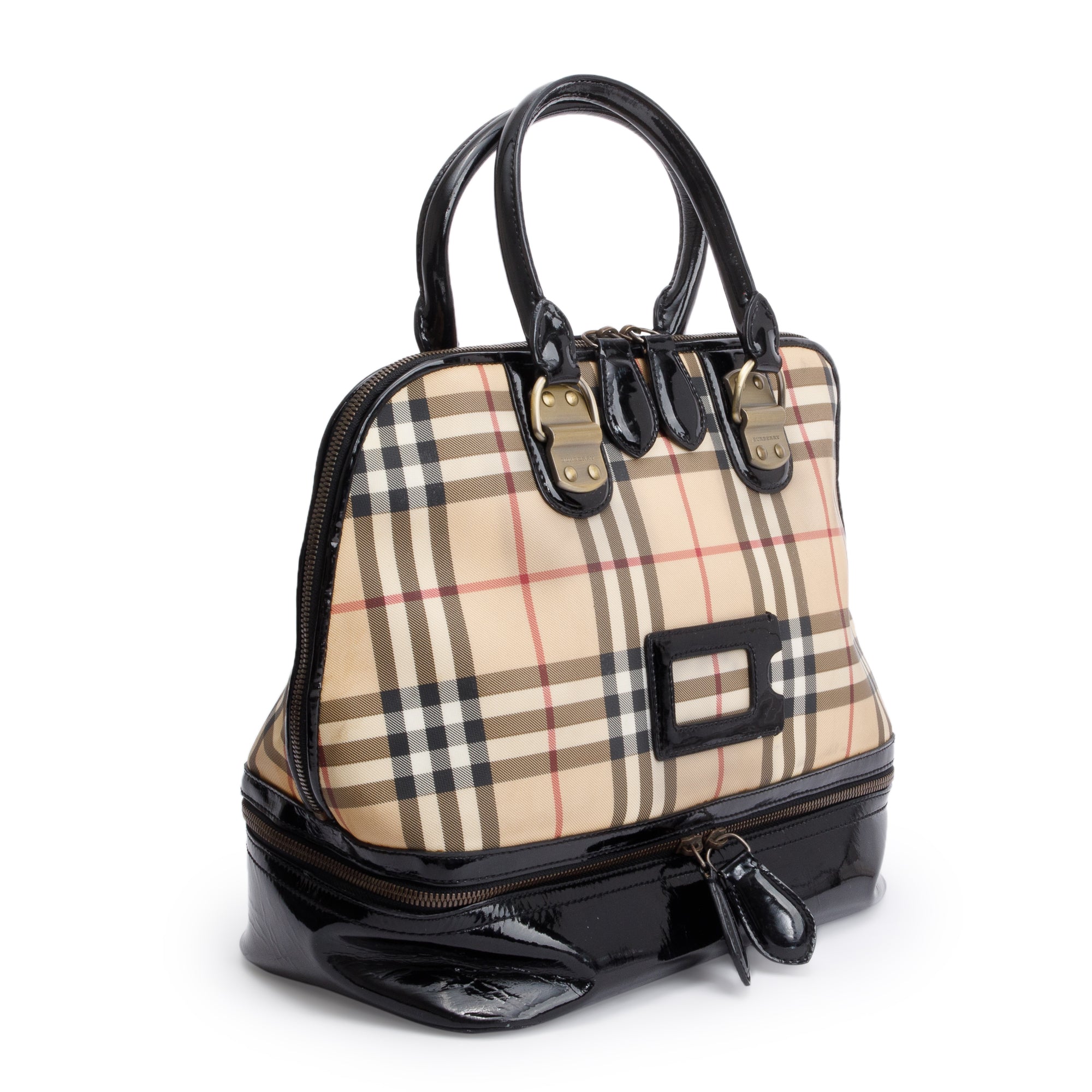 Burberry Vintage Check Black Patent Leather Trim Handle Bag