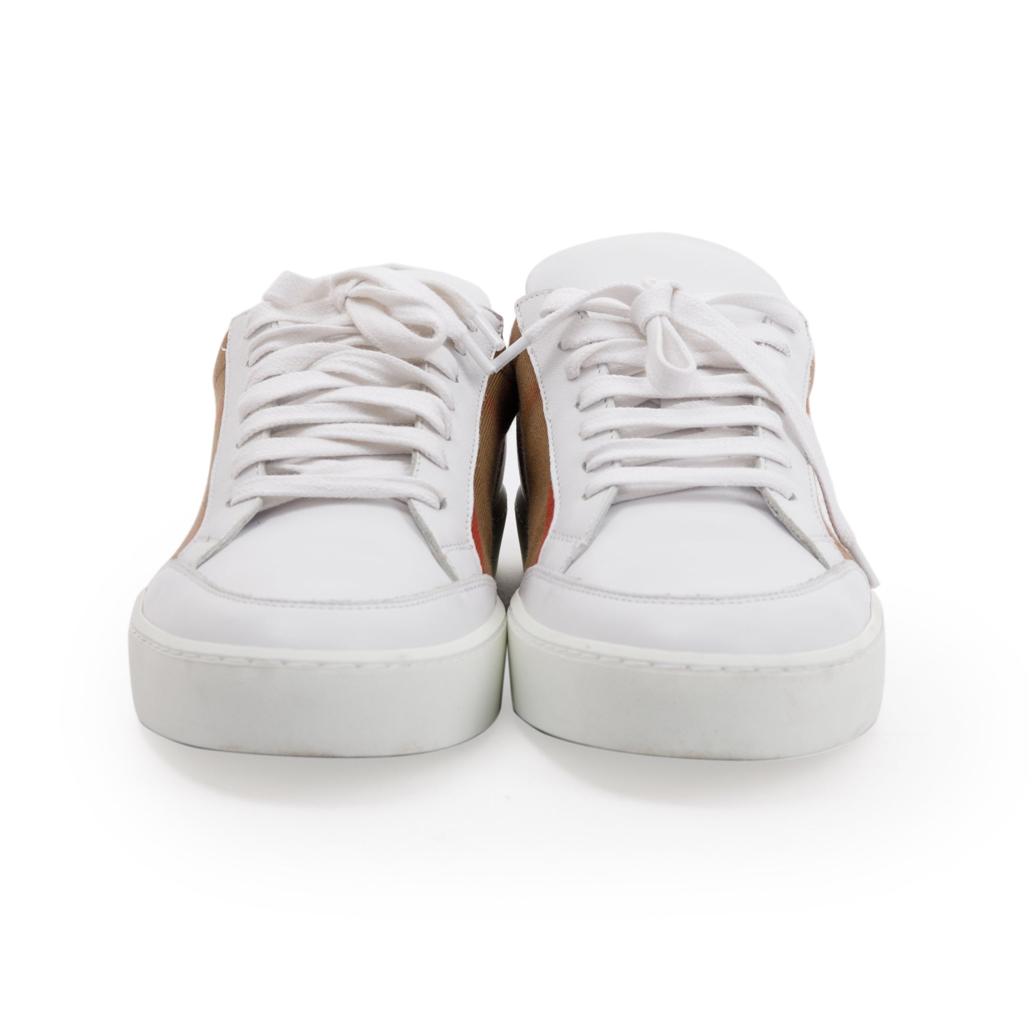 Burberry White House Check and Leather Low Top Sneakers, Size 41 w/ Box