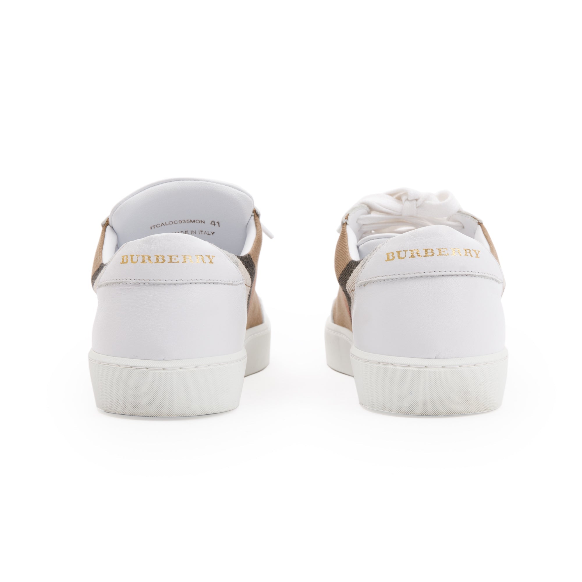 Burberry White House Check and Leather Low Top Sneakers, Size 41 w/ Box