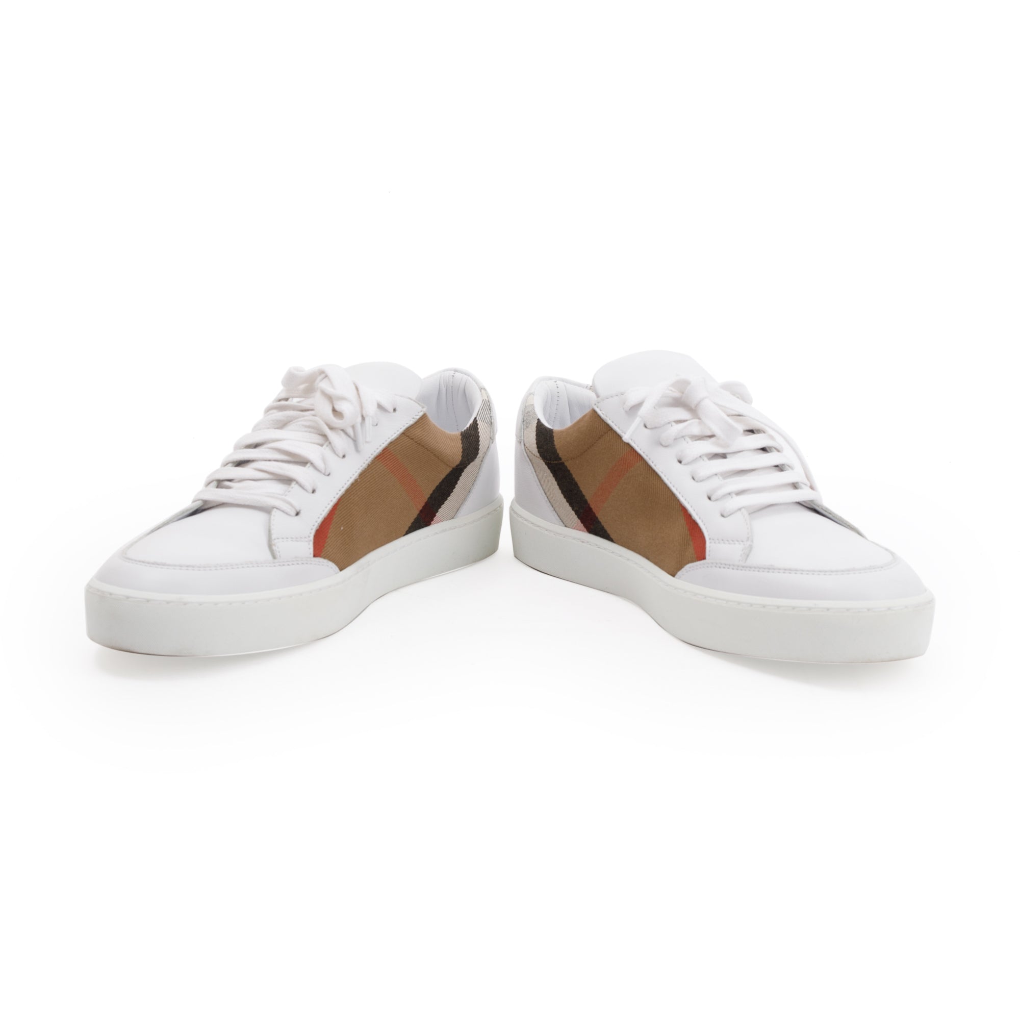 Burberry White House Check and Leather Low Top Sneakers, Size 41 w/ Box