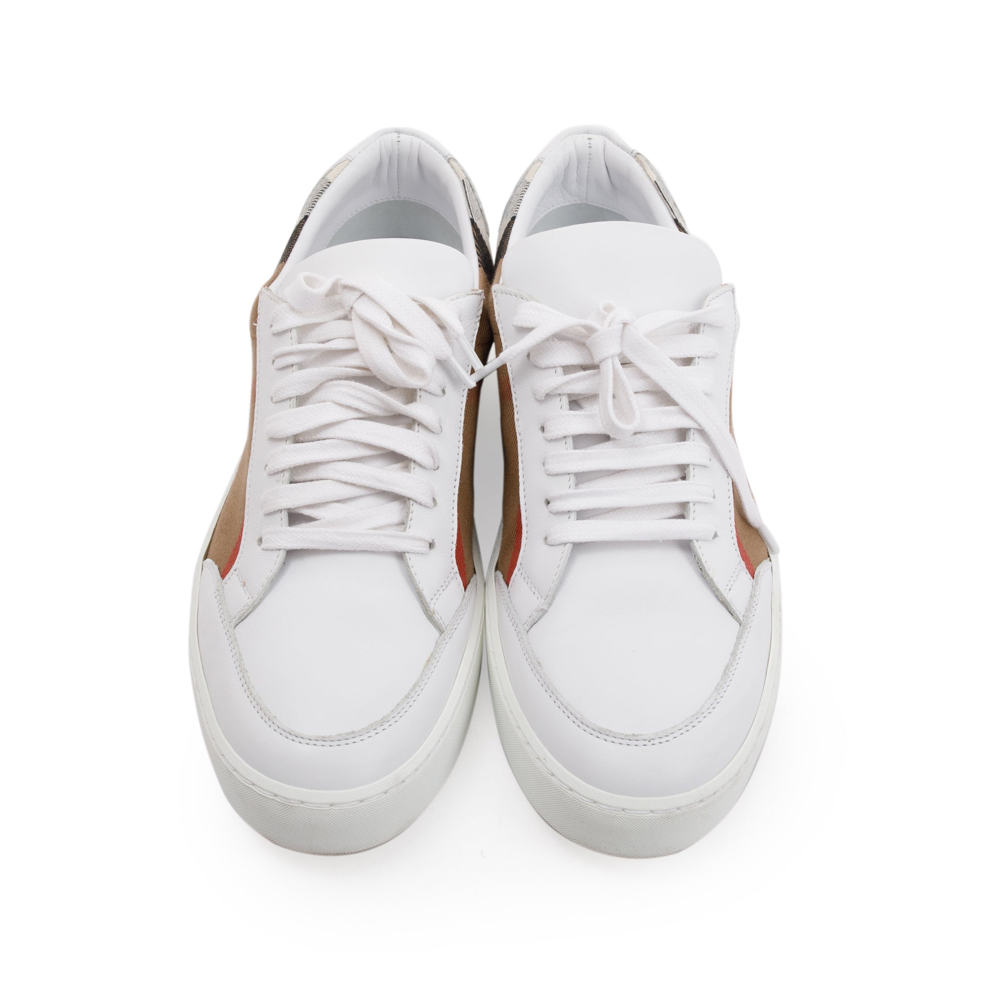 Burberry White House Check and Leather Low Top Sneakers, Size 41 w/ Box