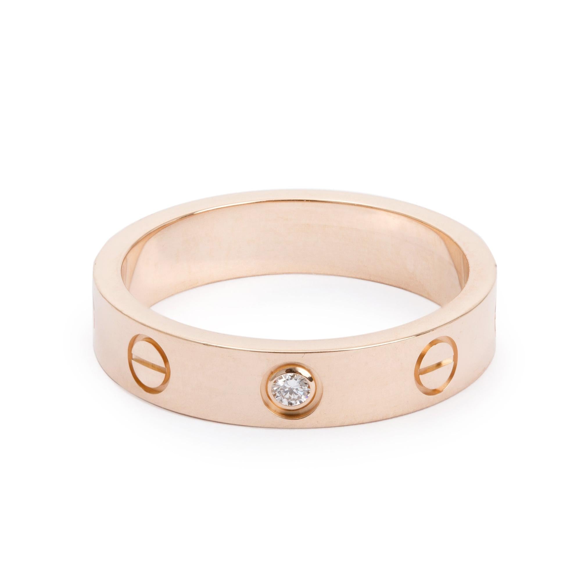 Cartier 18k Rose Gold 1 Diamond 4 MM Love Ring, Size 51 5.75