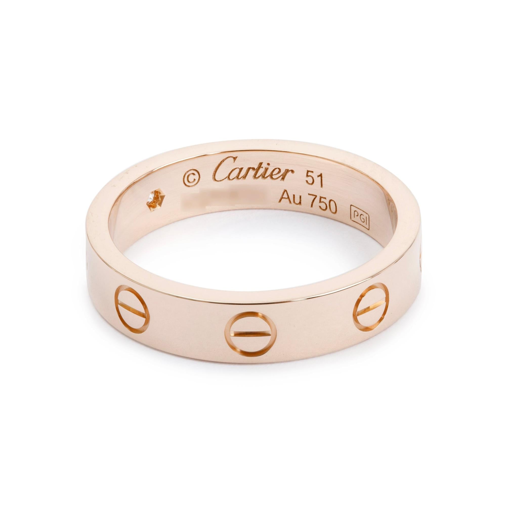 Cartier 18k Rose Gold 1 Diamond 4 MM Love Wedding Band Ring, Size 51 5.75 w/ Box