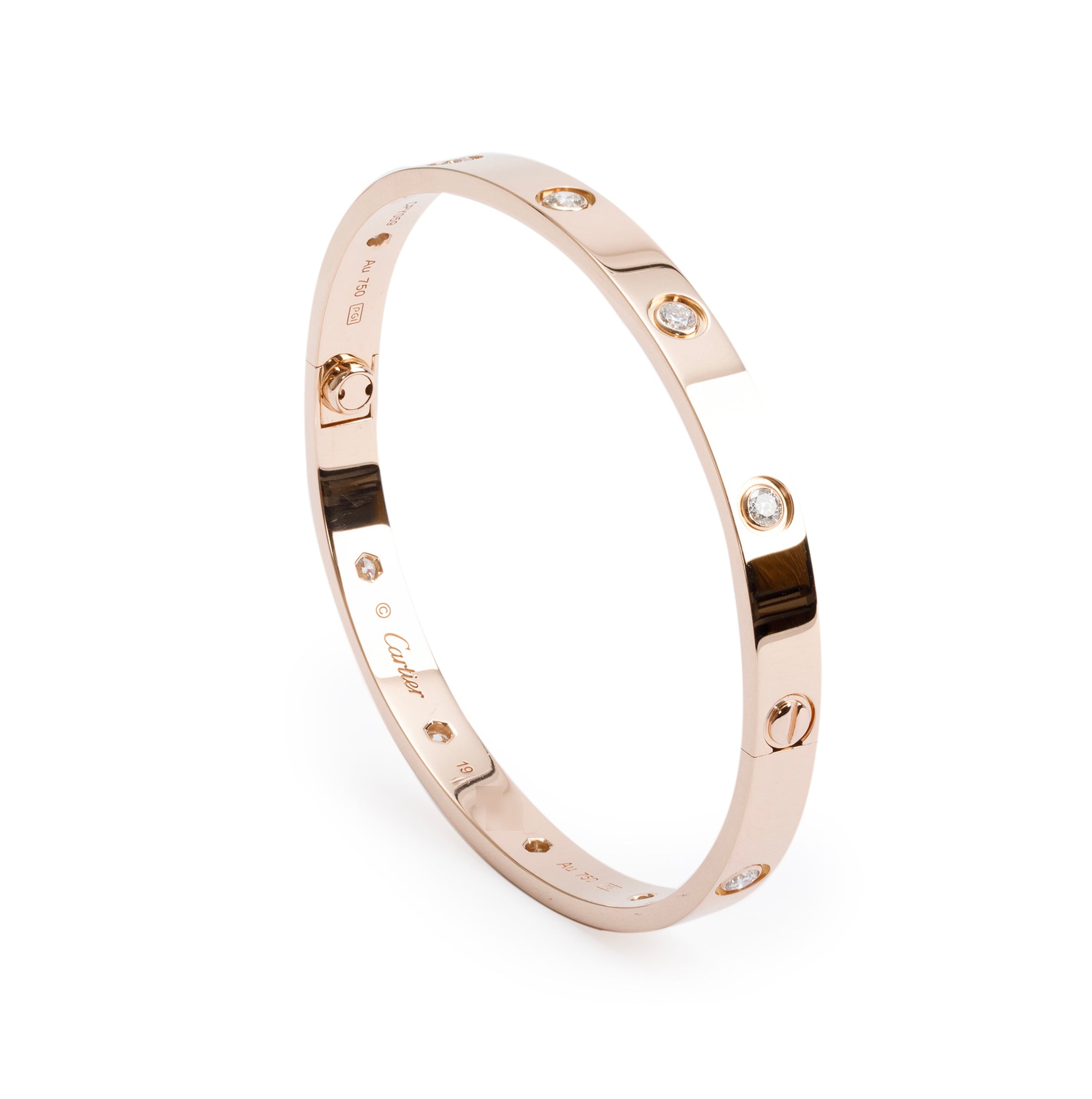 Cartier 18k Rose Gold 10 Diamond Love Bracelet, Size 19 w/ Box