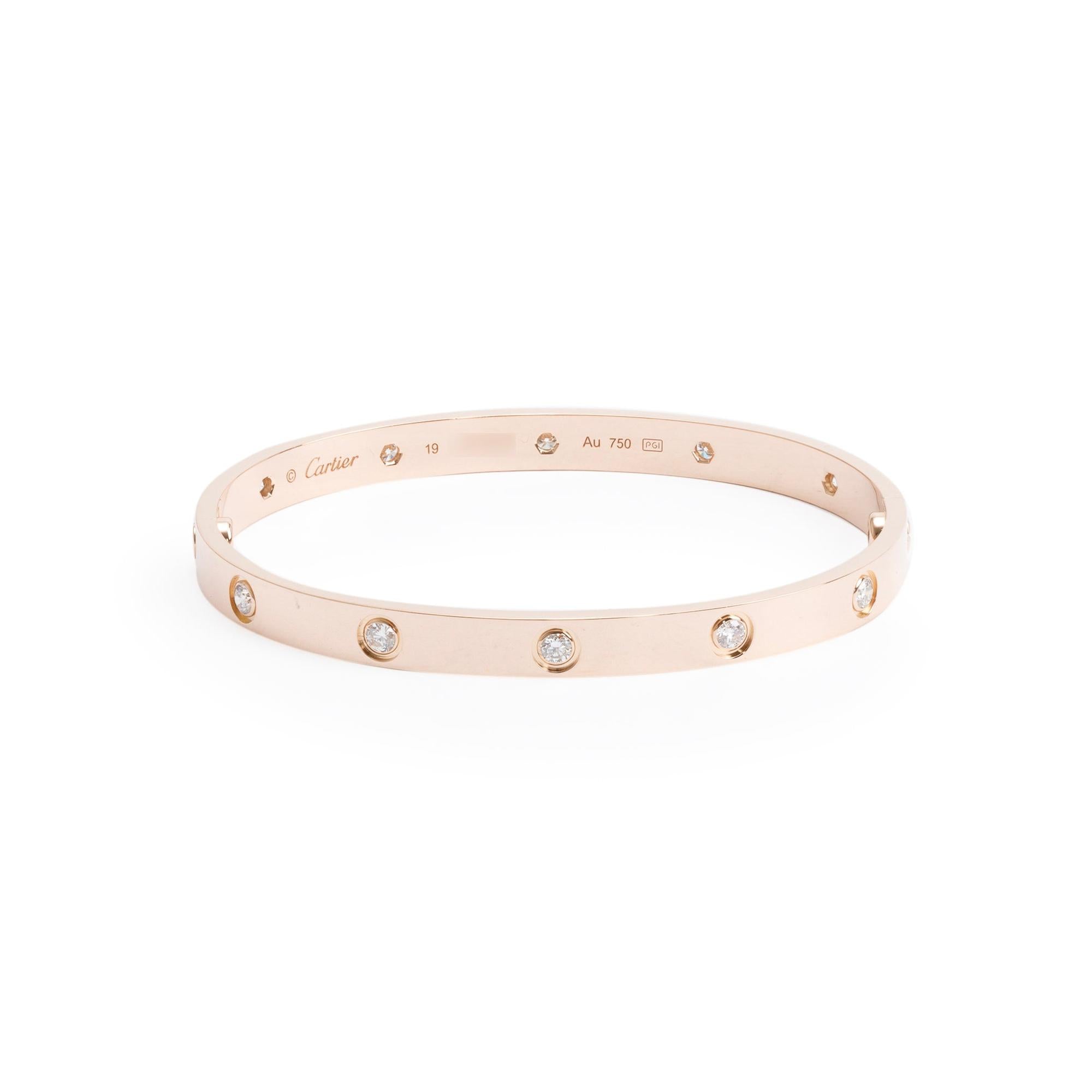 Cartier 18k Rose Gold 10 Diamond Love Bracelet, Size 19 w/ Box