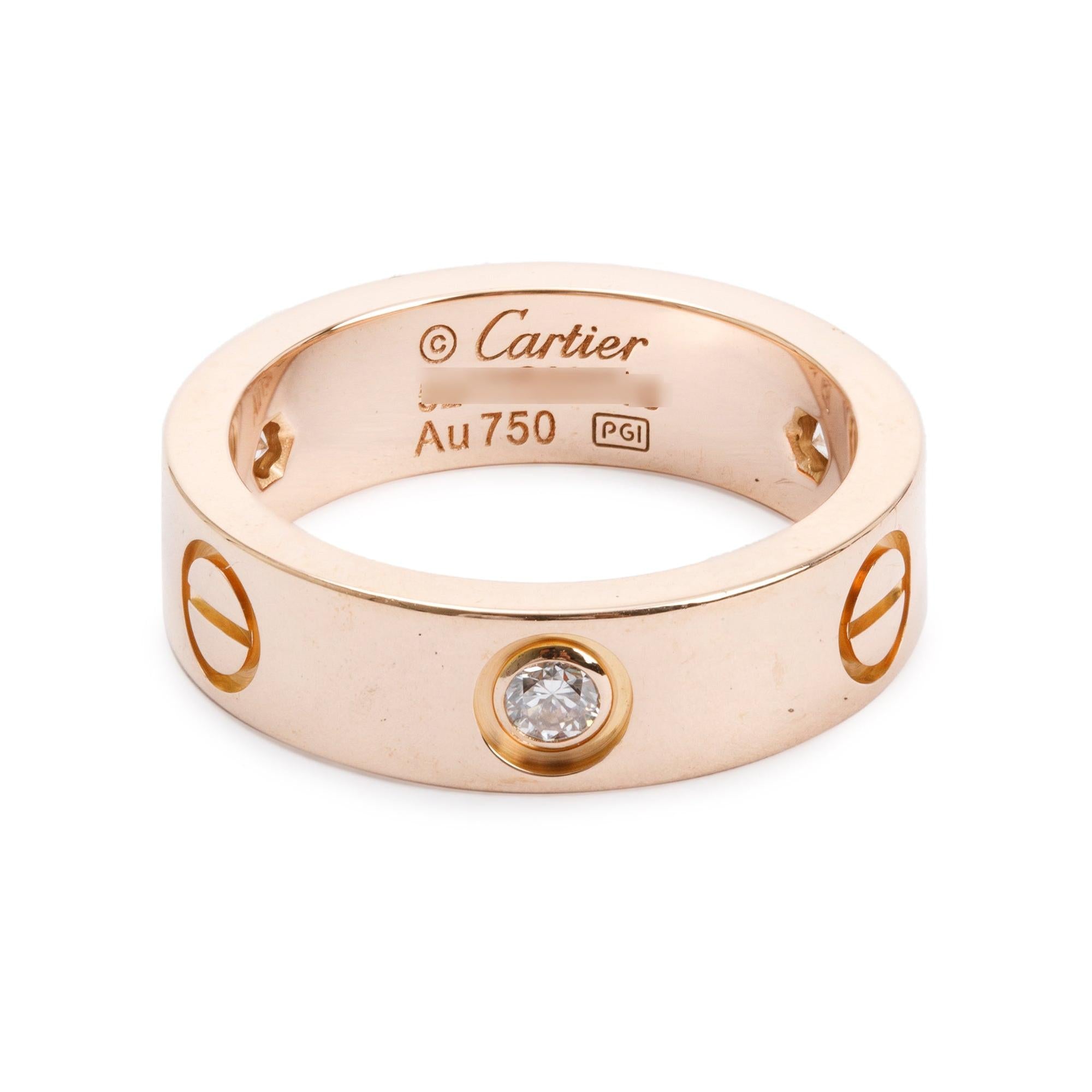 Cartier 18k Rose Gold 3 Diamond Love Ring, Size 52 6.25 w/ Box