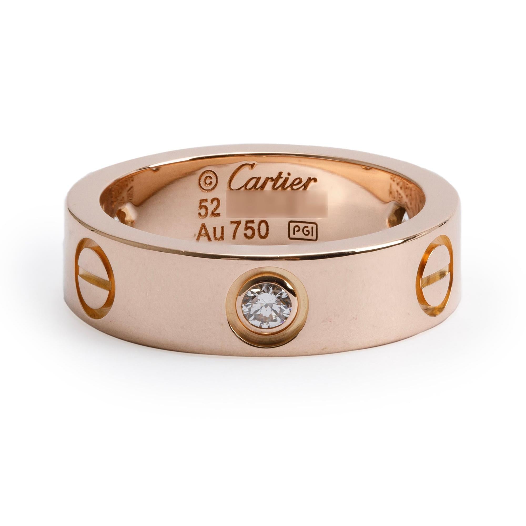 Cartier 18k Rose Gold 3 Diamond Love Ring, Size 52 6.25