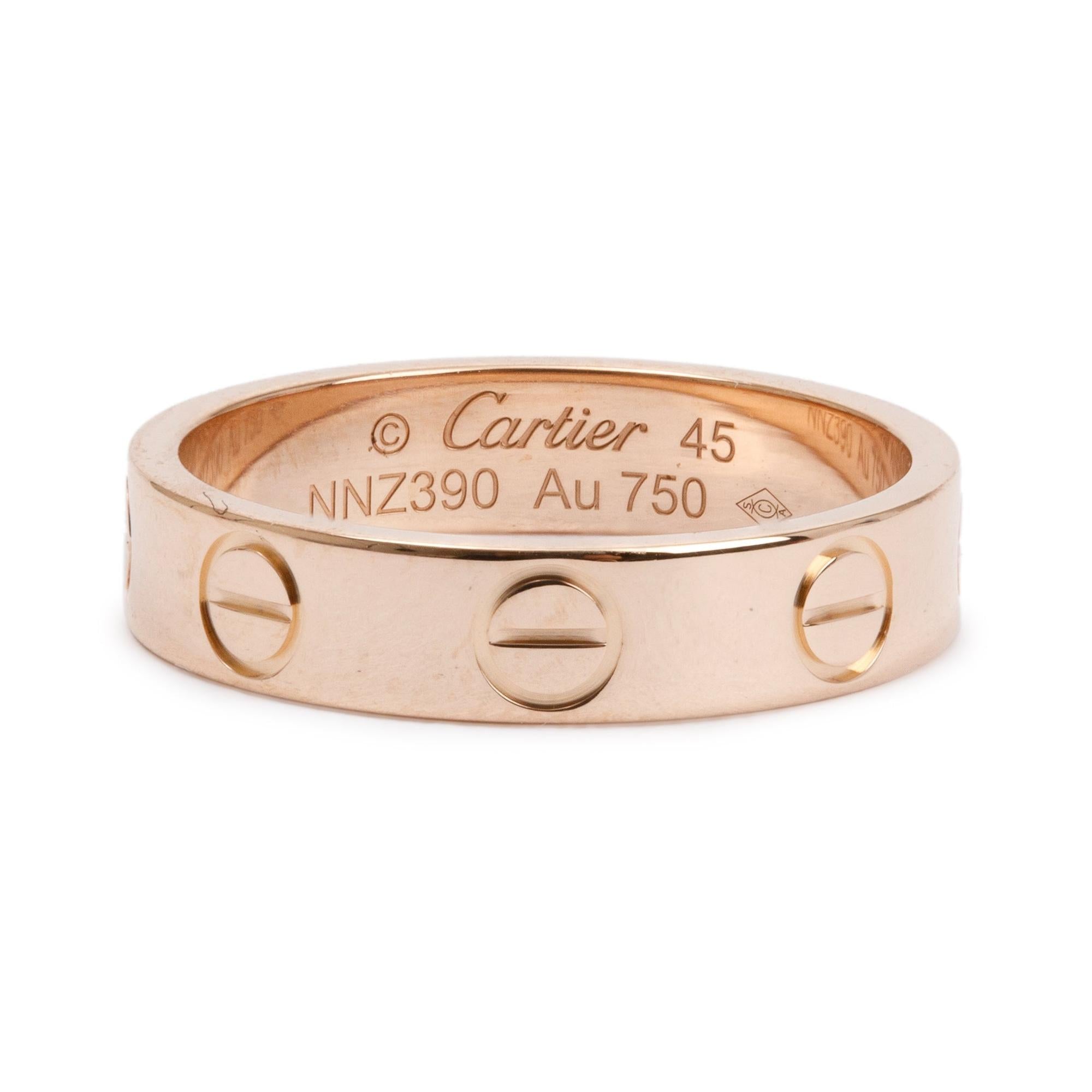 Cartier 18k Rose Gold 3.6 MM Love Wedding Band Ring, Size 45 3.25 w/ Box