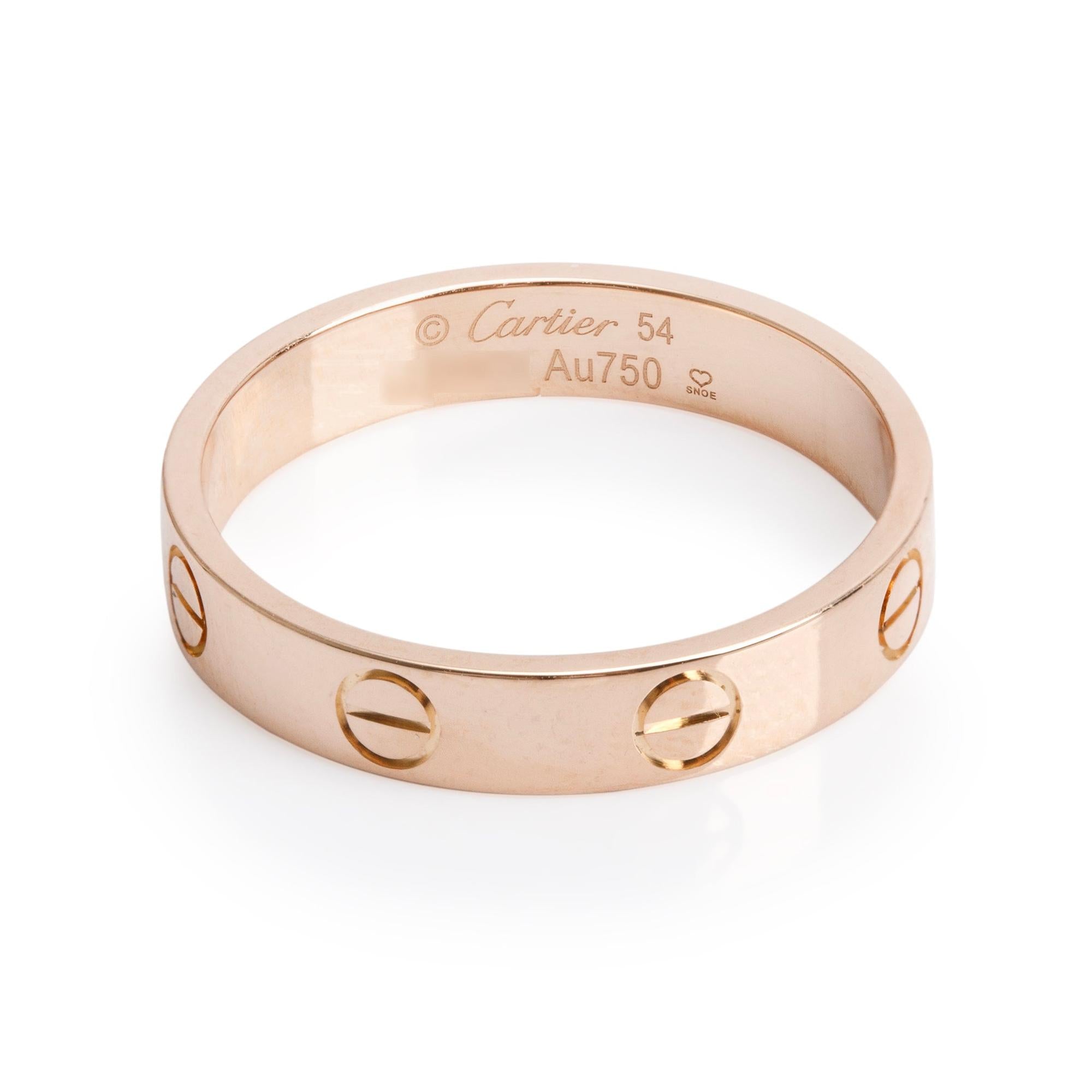 Cartier 18k Rose Gold 3.6 MM Love Wedding Band Ring, Size 54 7