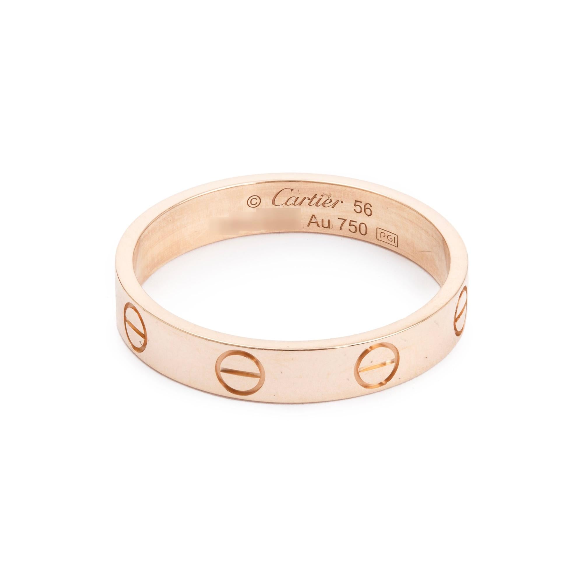 Cartier 18k Rose Gold 3.6 MM Love Wedding Band Ring, Size 56 7.75 w/ Box