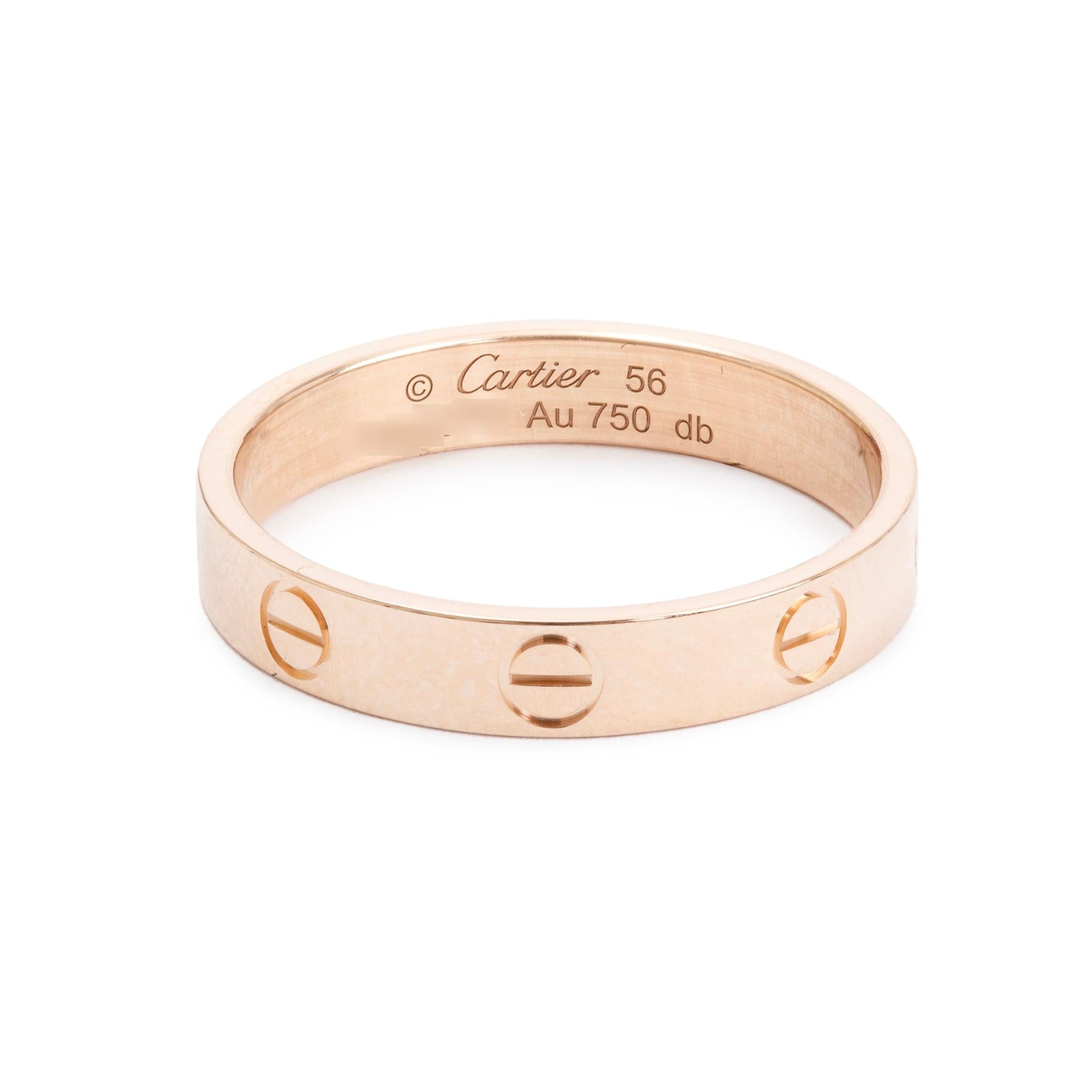 Cartier 18k Rose Gold 3.6 MM Love Wedding Band Ring, Size 56 7.75