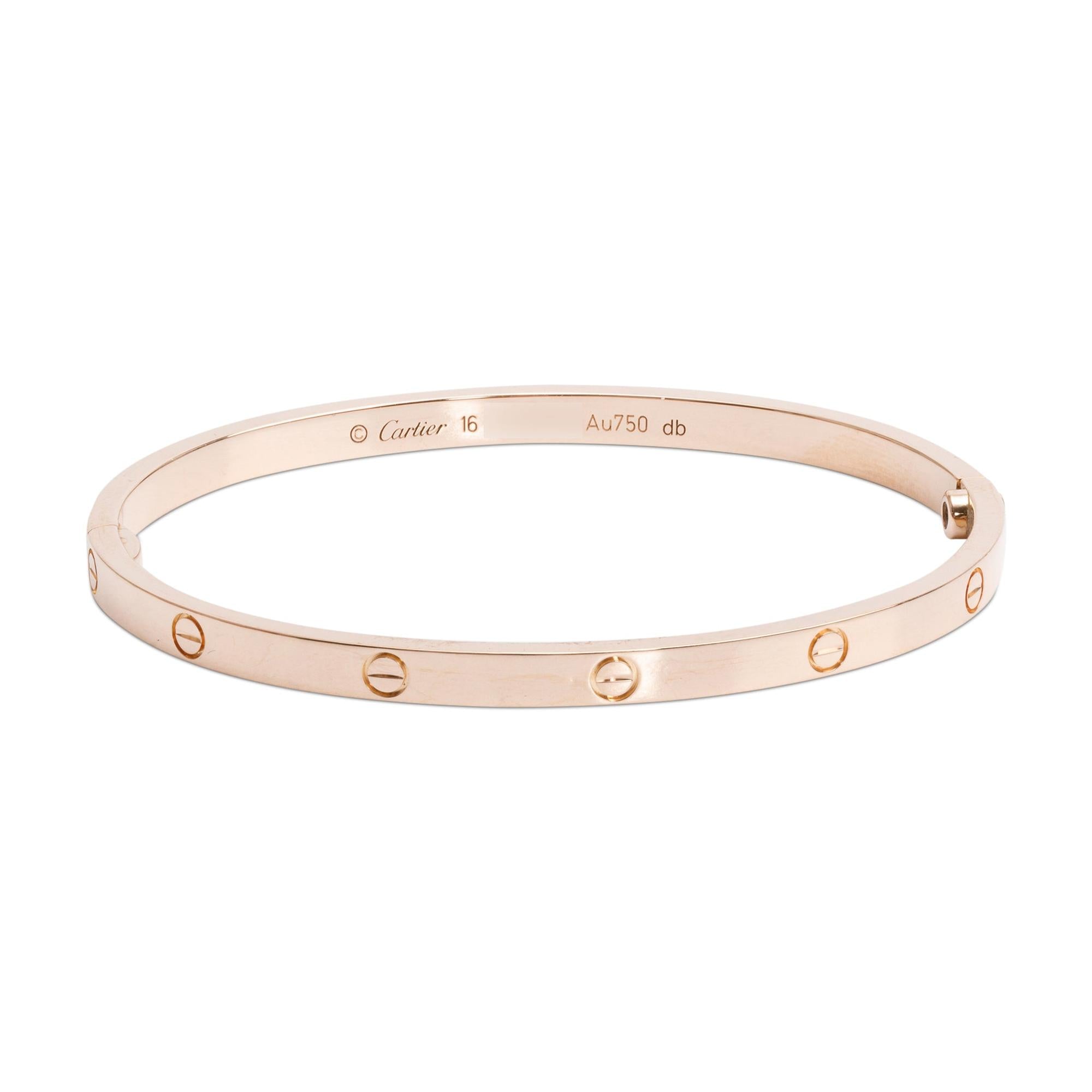 Cartier 18k Rose Gold 3.65 MM Love Bracelet, Small Model, Size 16 w/ Box & Certificate