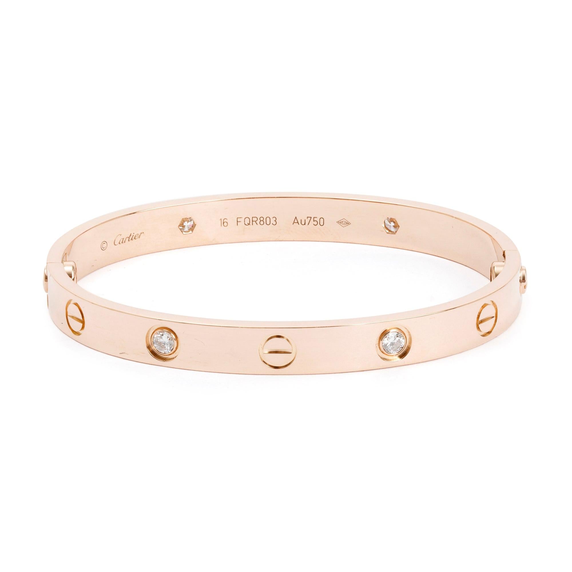 Cartier 18k Rose Gold 4 Diamond Love Bracelet, Size 16 w/ Box & Receipt