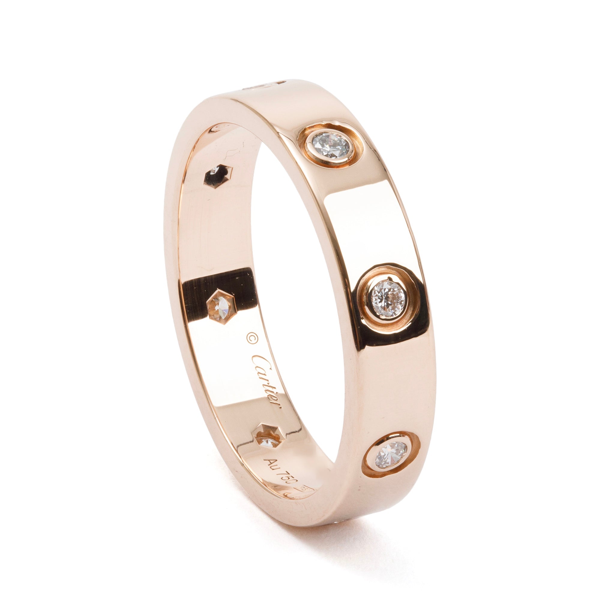Cartier 18k Rose Gold 4 MM 8 Diamond Love Wedding Band Ring, Size 53 6.5 w/ Box, Certificate & Receipt