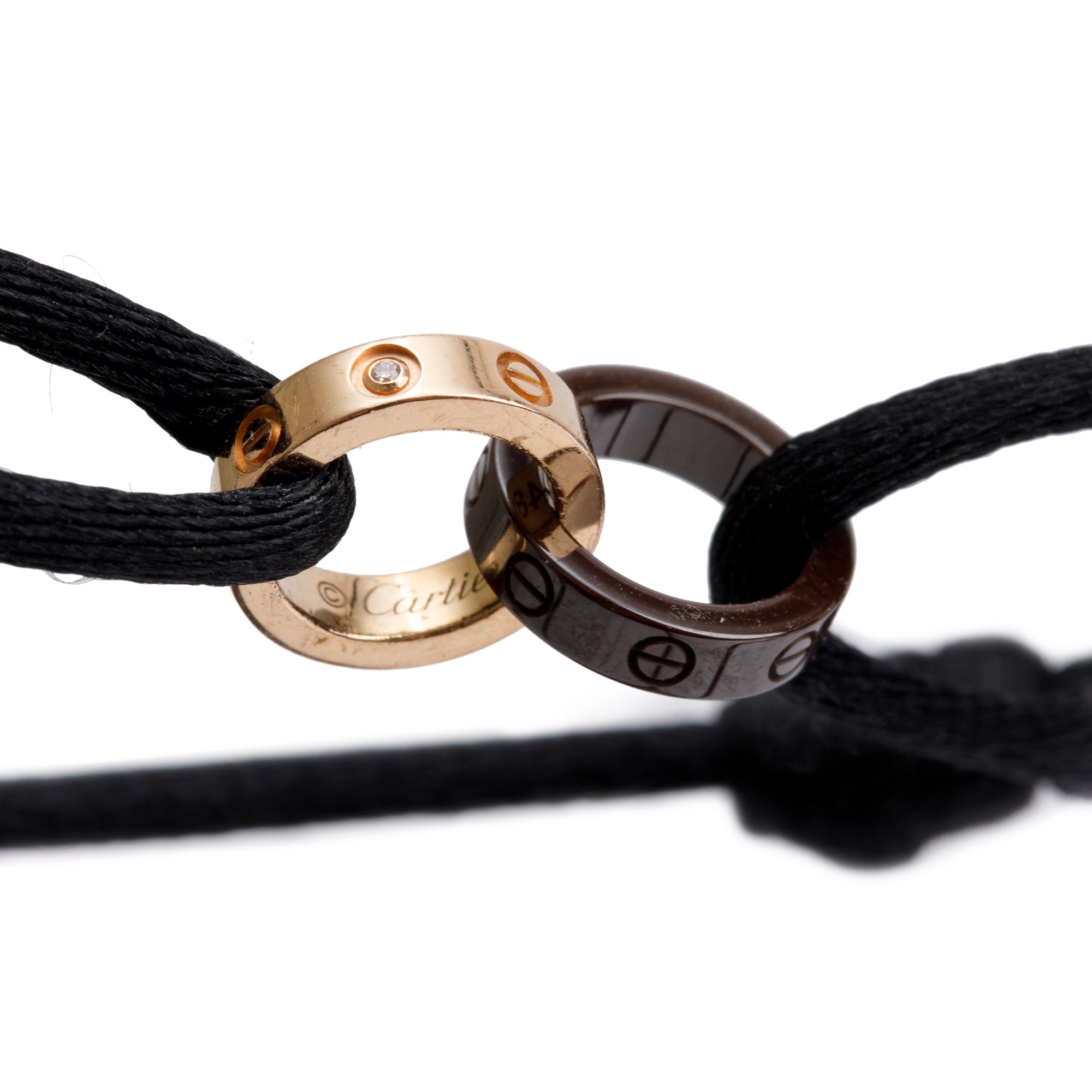 Cartier 18k Rose Gold & Brown Ceramic 4 Diamond Love Cord Bracelet w/ Box & Authenticity Card