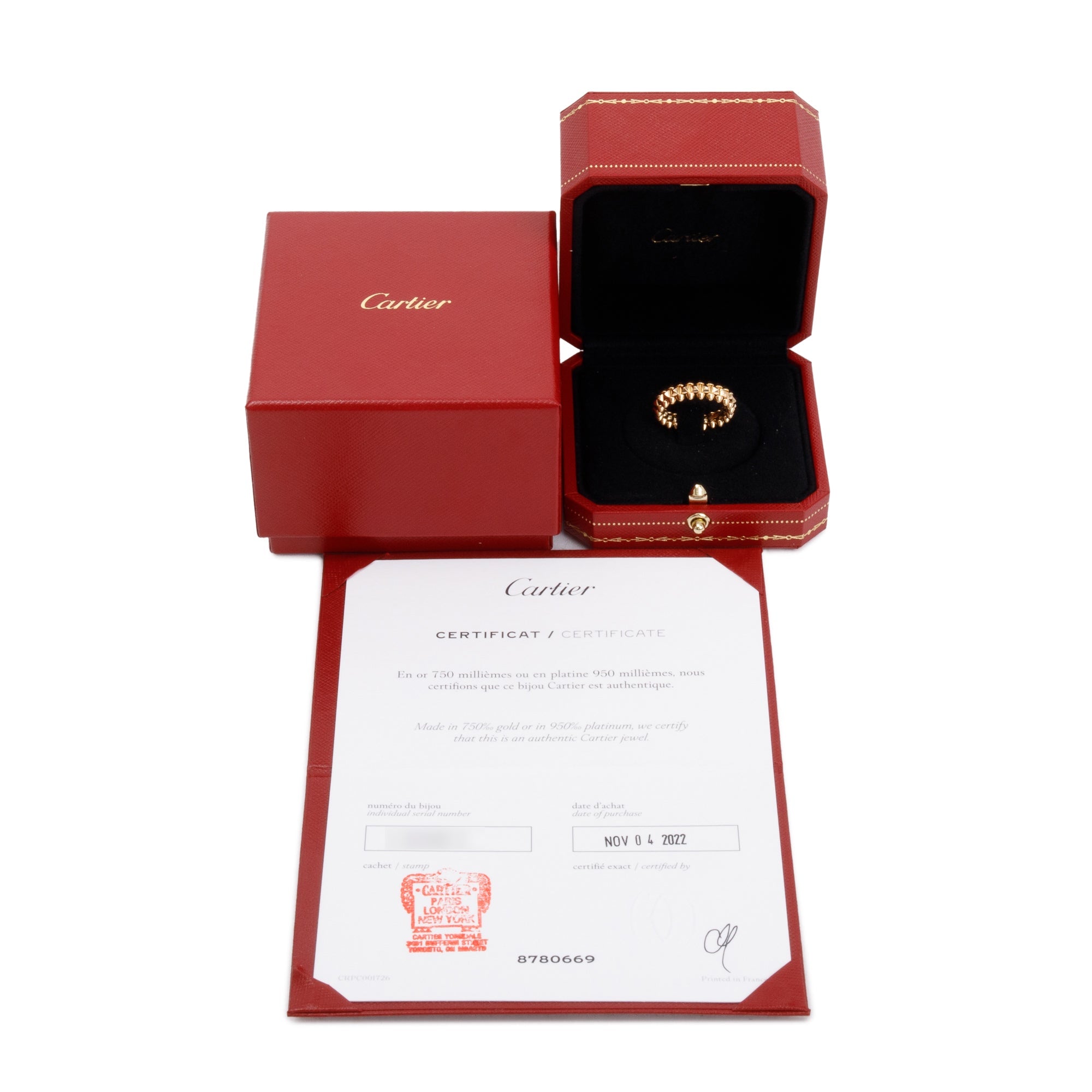 Cartier 18k Rose Gold Clash De Cartier Ring, Small Model, Size 54 7 w/ Box, Certificate & Receipt