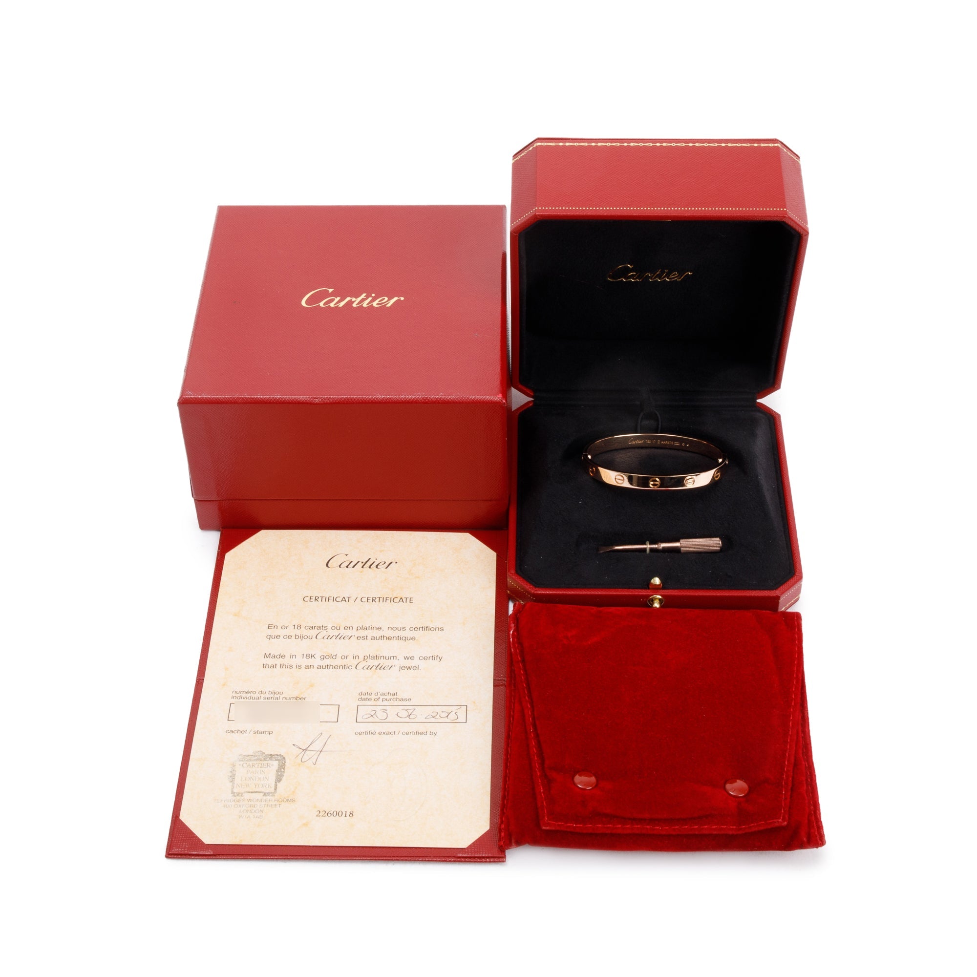 Cartier 18k Rose Gold Love Bracelet, Size 17 w/ Box & Certificate